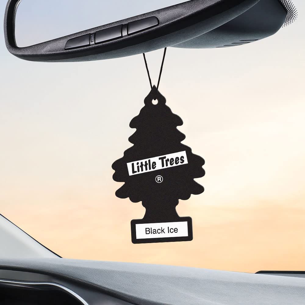 Showcases the Little Trees air freshener product, highlighting its iconic tree shape and 'Black Ice' scent to appeal to car owners looking to freshen their vehicle's interior.