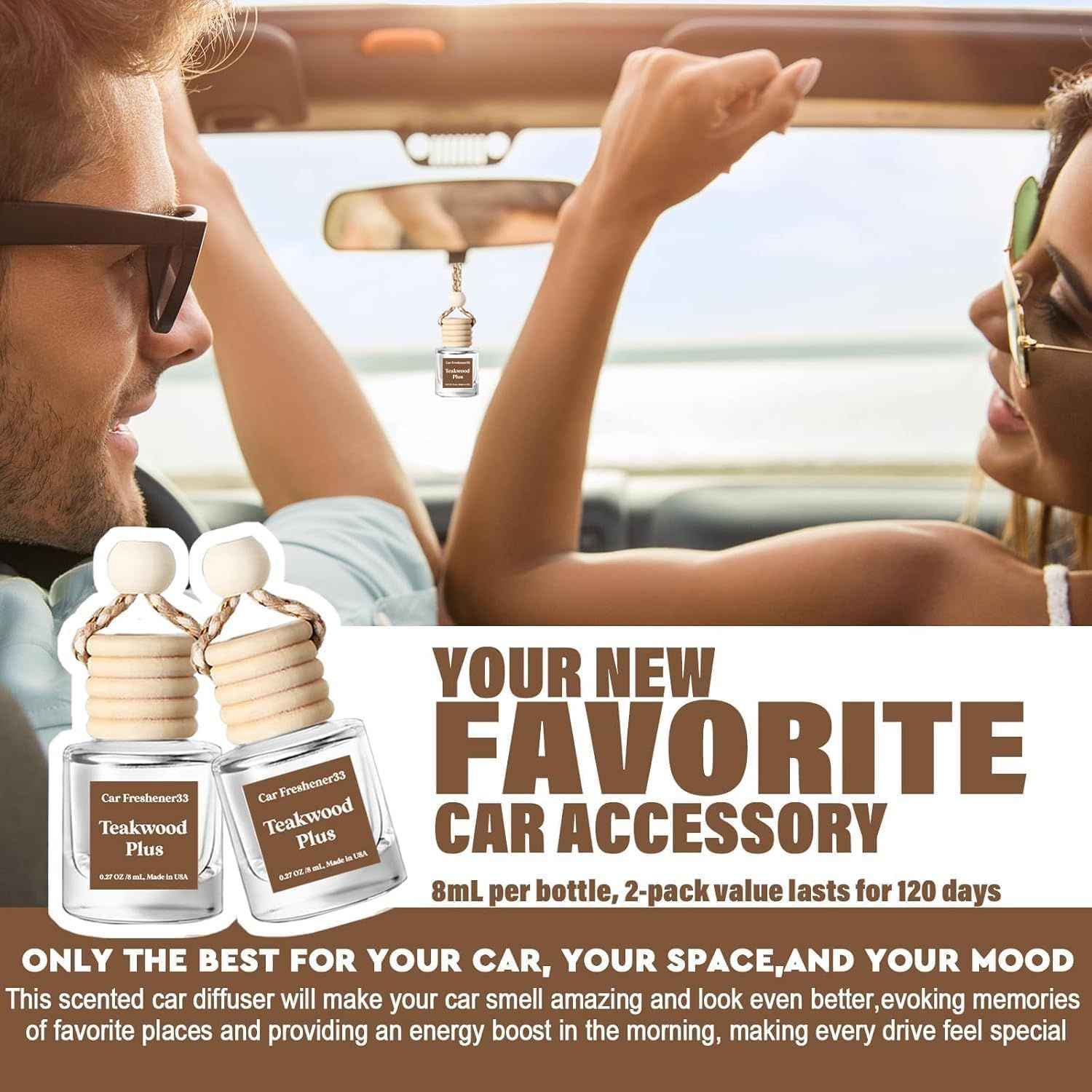 Demonstrates how the car freshener product enhances the driving experience and mood while in the car. Highlights the product's long-lasting scent feature, stating it lasts for 120 days.
