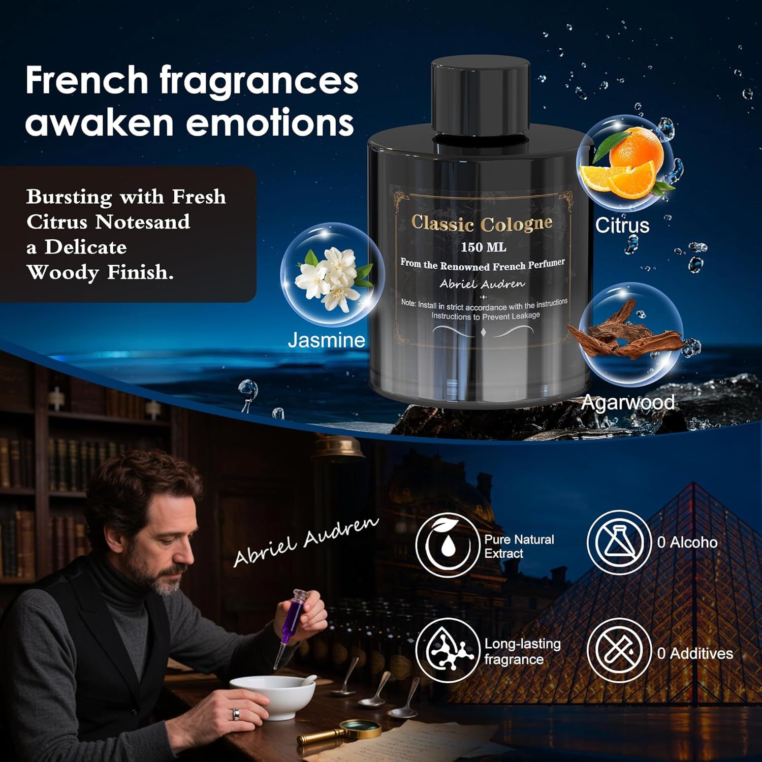Highlights multiple key features of the cologne to appeal to consumers looking for a high-quality, natural fragrance product. Emphasizes the product's French origin and sophisticated scent profile…