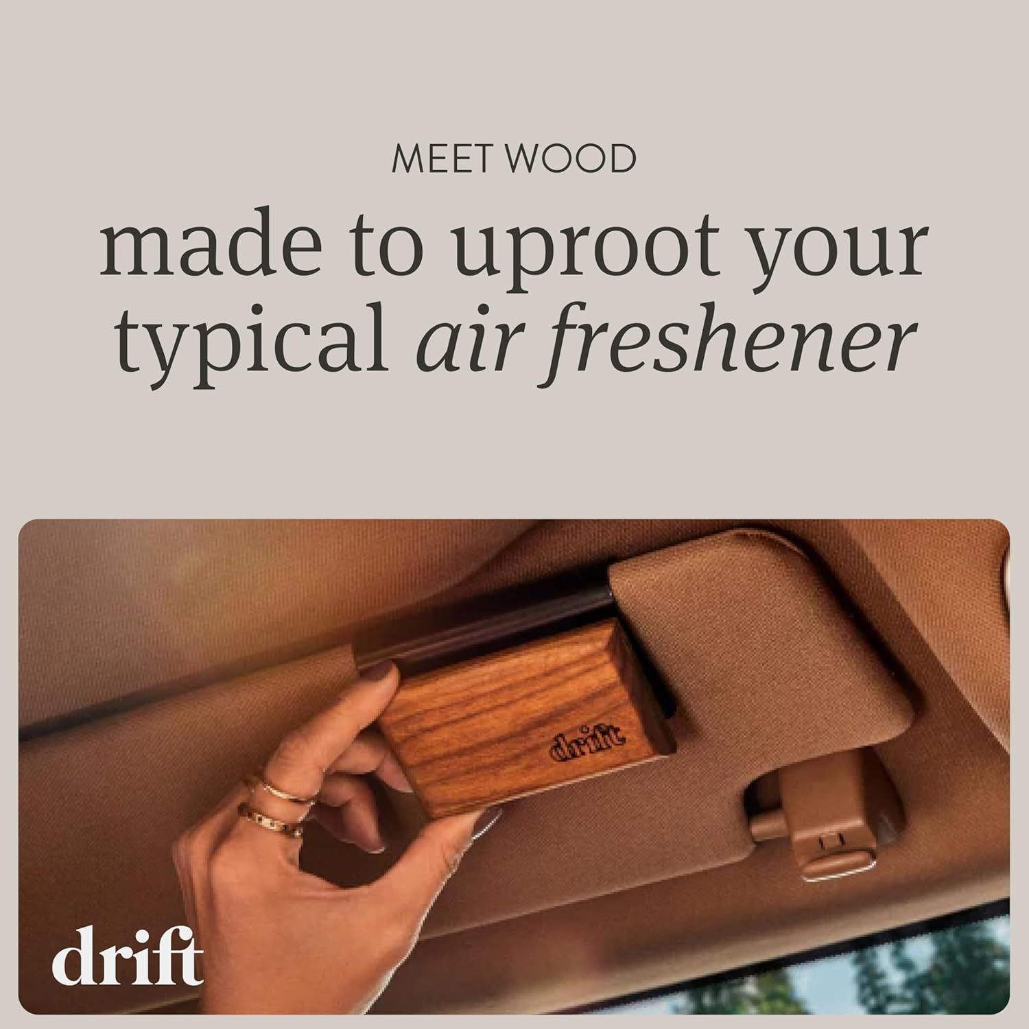 Highlights the product's unique wooden design as an alternative to typical air fresheners, appealing to consumers looking for a more natural and aesthetically pleasing option.