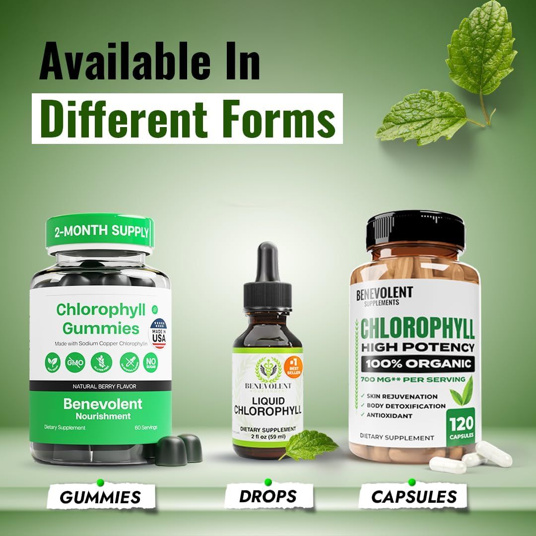 Showcases the different forms of chlorophyll supplements available (gummies, drops, capsules) to highlight product variety and options for customers.