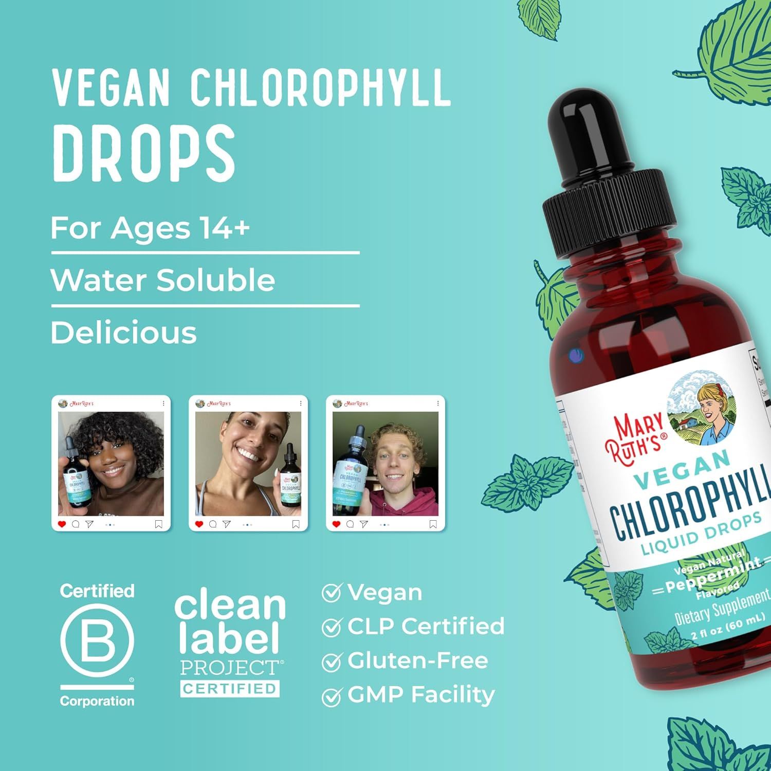 Highlights multiple key features and benefits of the vegan chlorophyll drops to appeal to health-conscious consumers. Emphasizes product safety and certifications to build trust and reassure…