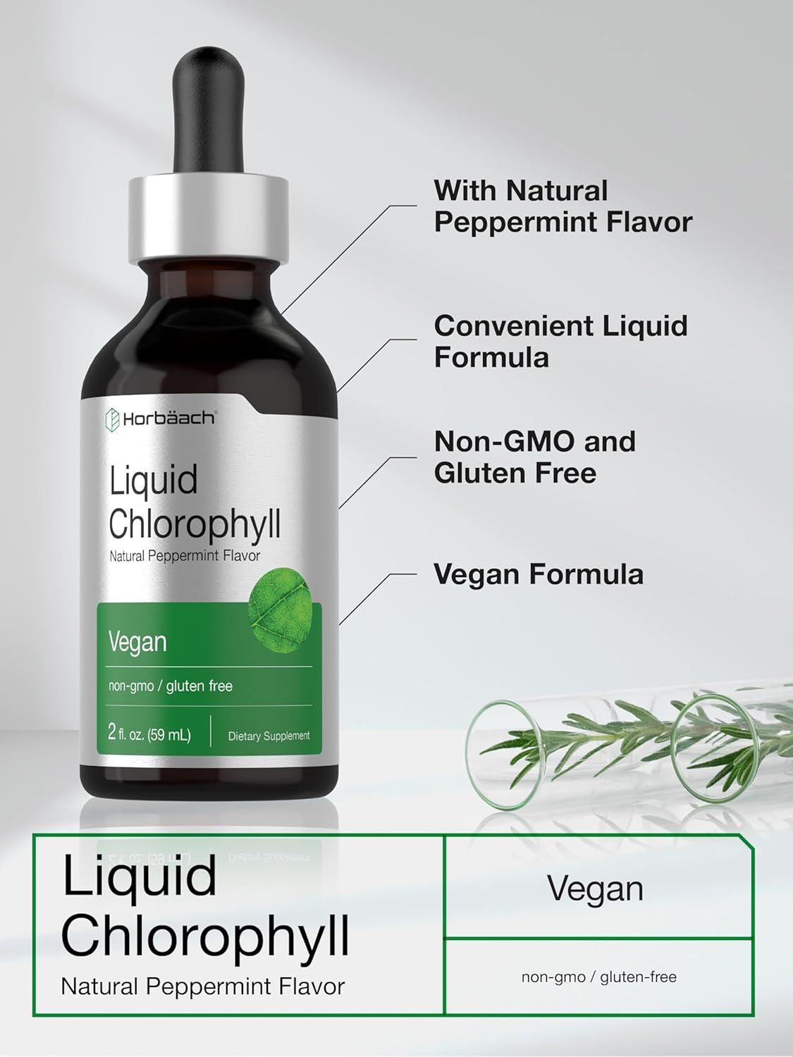 Highlights multiple key features and benefits of the liquid chlorophyll supplement to appeal to health-conscious consumers.