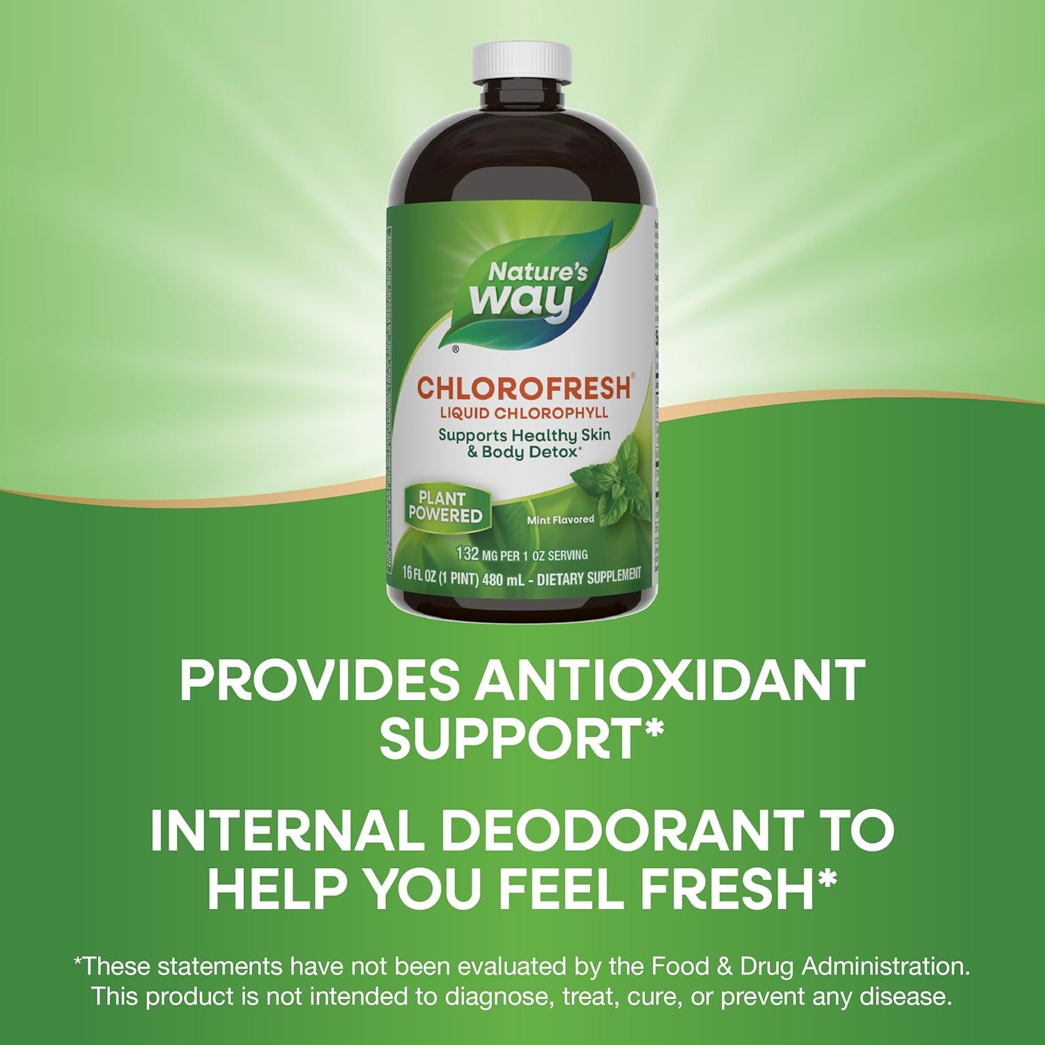 Highlights the product's antioxidant properties and its ability to act as an internal deodorant, emphasizing its freshness benefits.