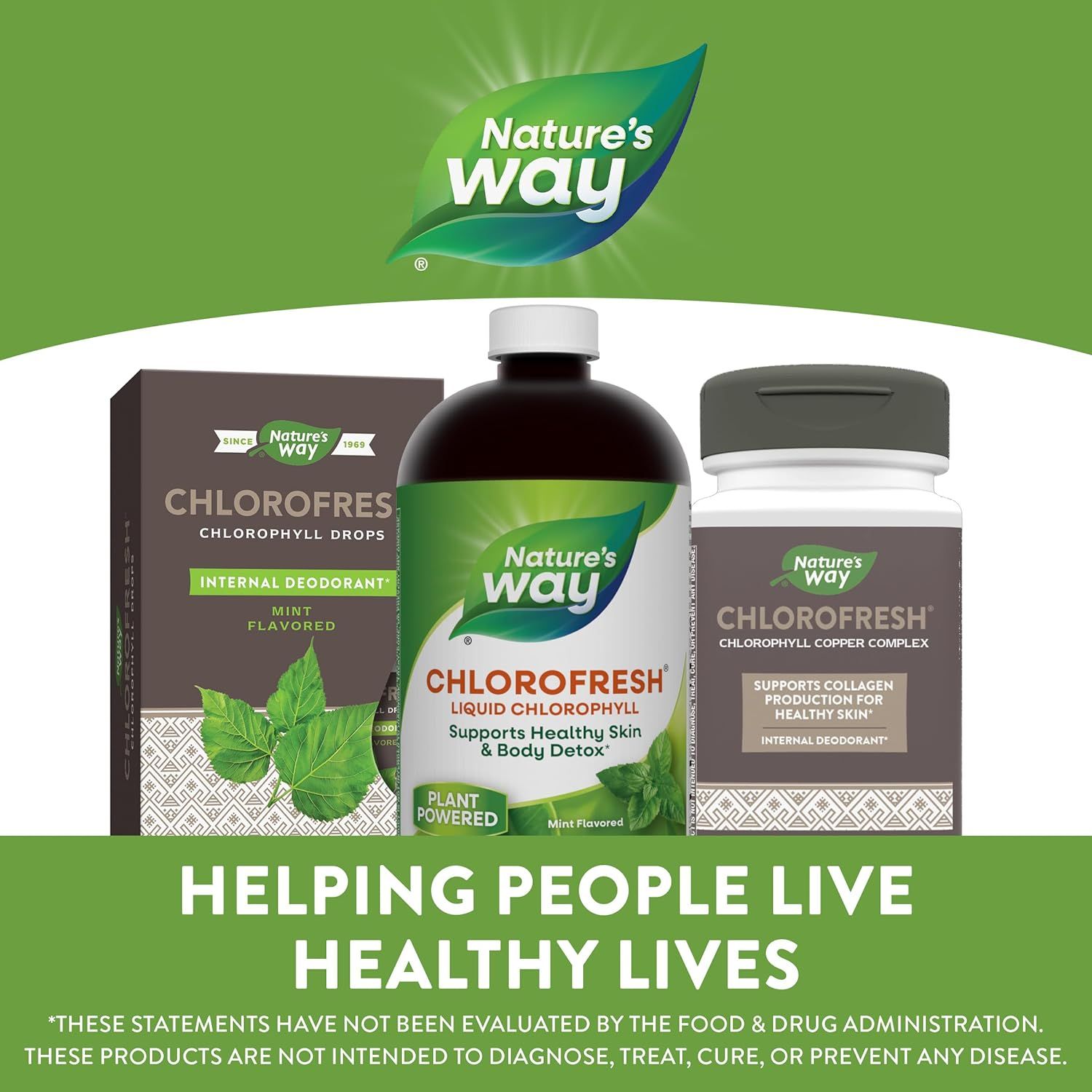 Showcases multiple health benefits of the Chlorofresh product line, emphasizing its versatility for overall wellness. Displays the different product formats available in the Chlorofresh line,…