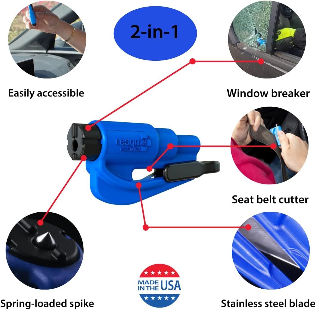 Highlights the dual safety features of the product as both a window breaker and seat belt cutter for emergency situations in a vehicle. Demonstrates how to use the tool to break a car window and cut…
