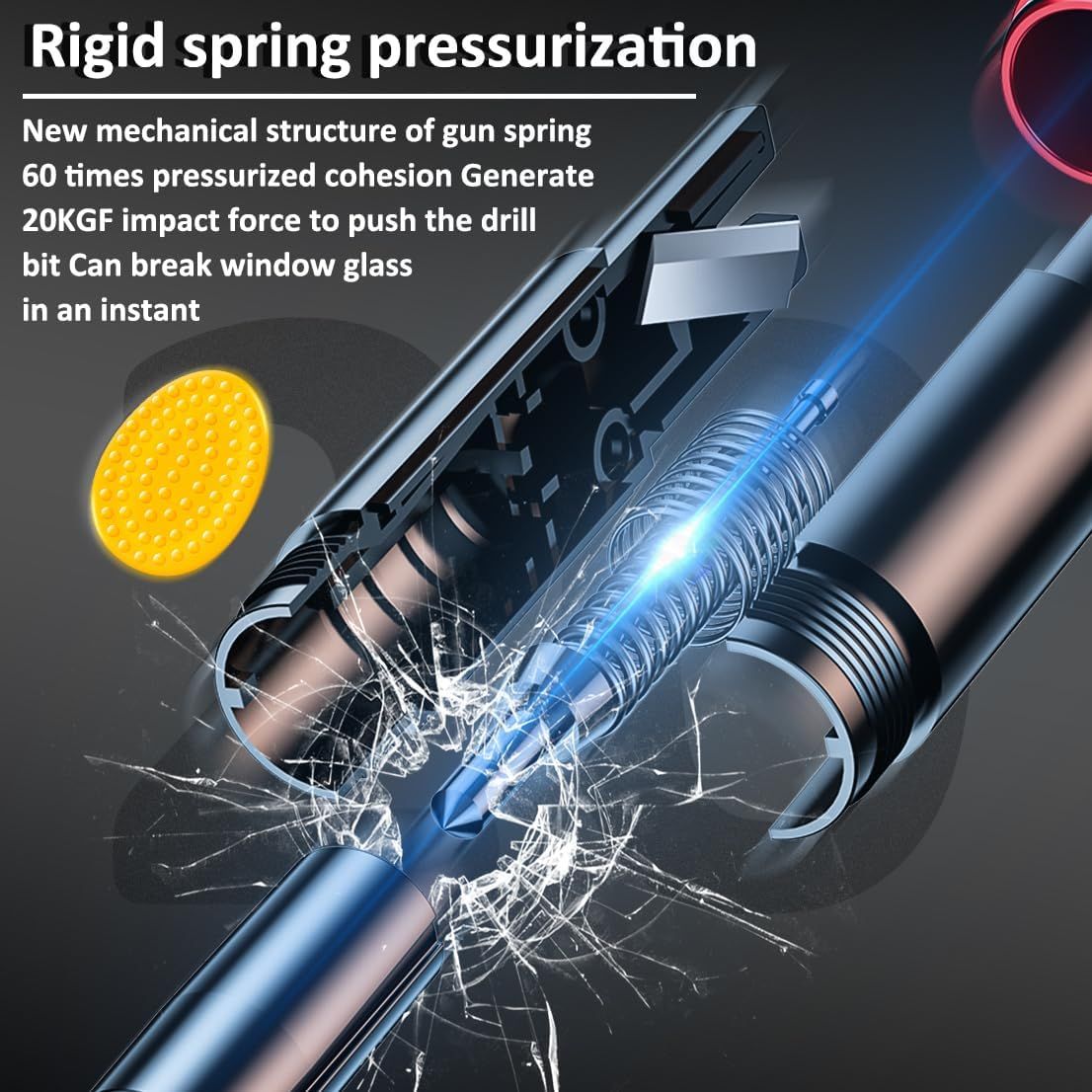 Highlights the powerful spring mechanism that generates high impact force, emphasizing the product's ability to break glass quickly in emergencies.