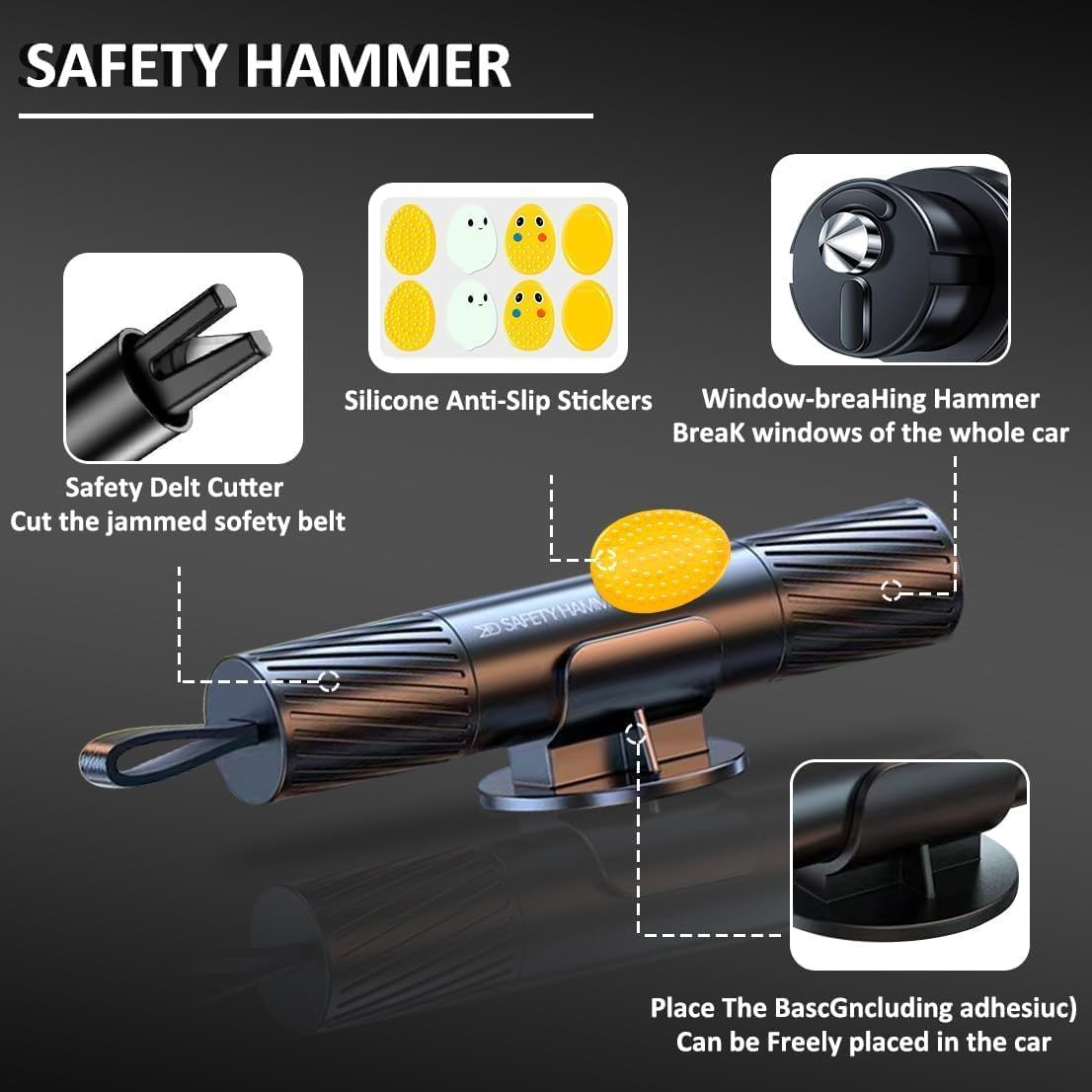 Highlights the multiple safety features and functions of the hammer, including a window breaker, seatbelt cutter, and anti-slip stickers.