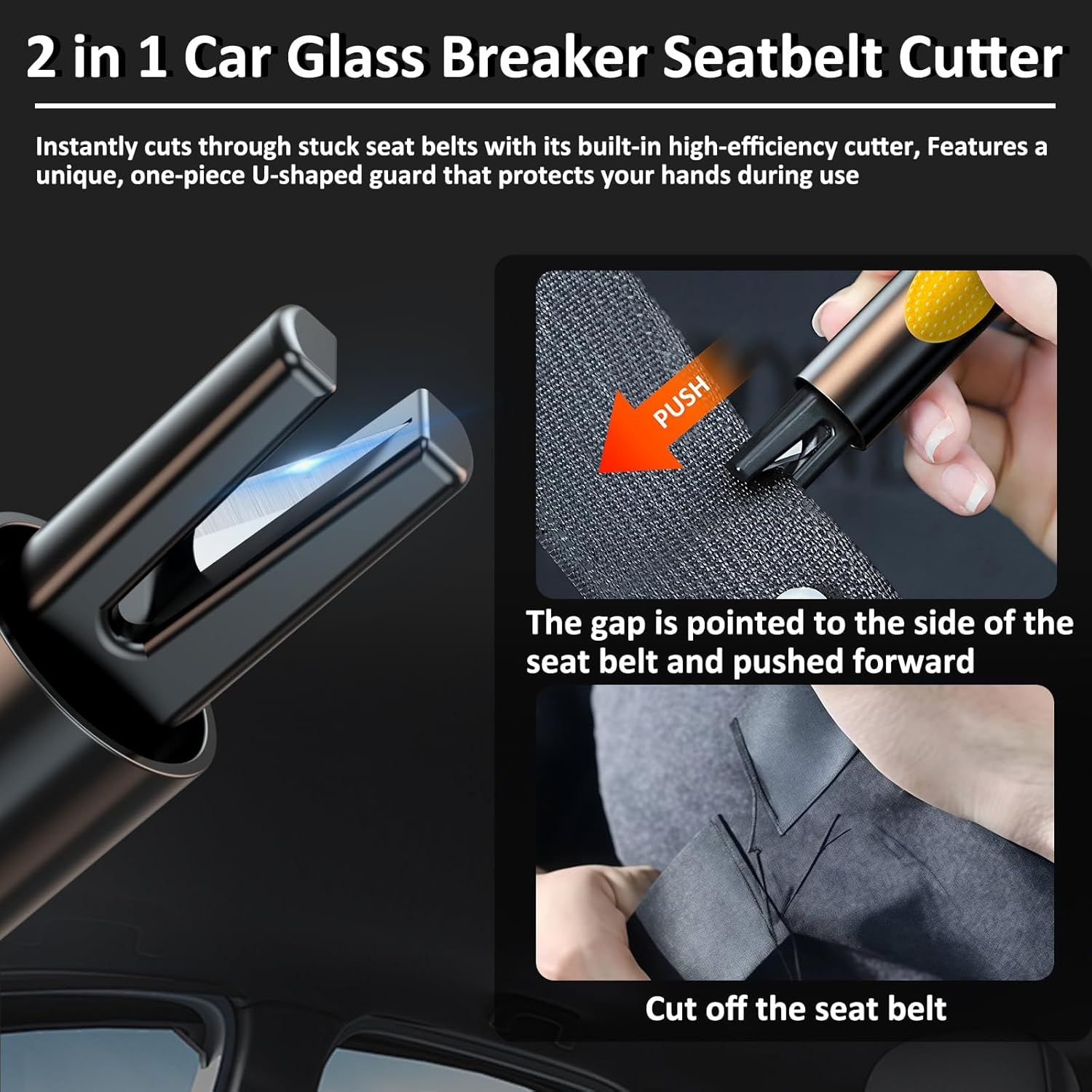 Demonstrates how to use the seatbelt cutter feature of the product in an emergency situation. Highlights the dual functionality of the product as both a car glass breaker and seatbelt cutter for…