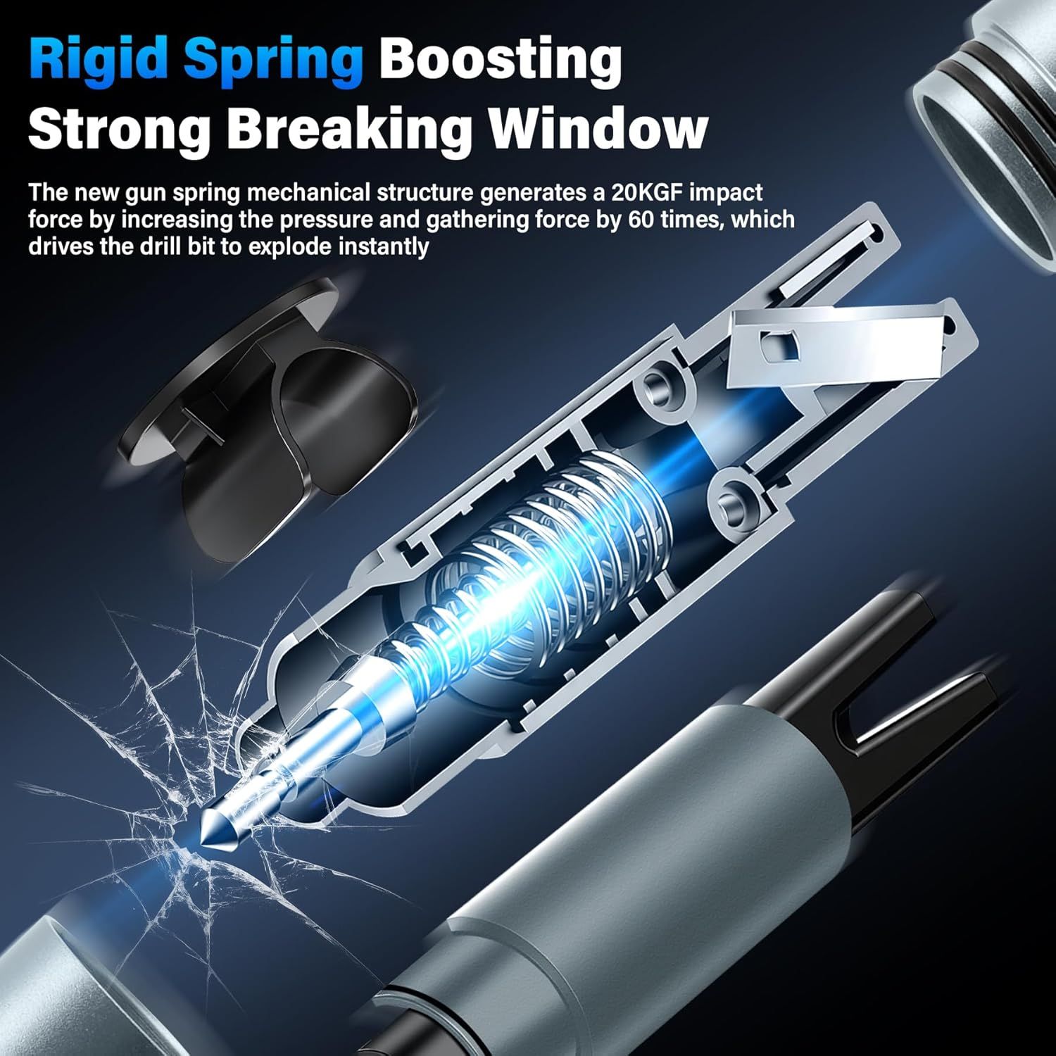 Highlights the product's powerful spring mechanism that generates high impact force for breaking windows in emergencies.