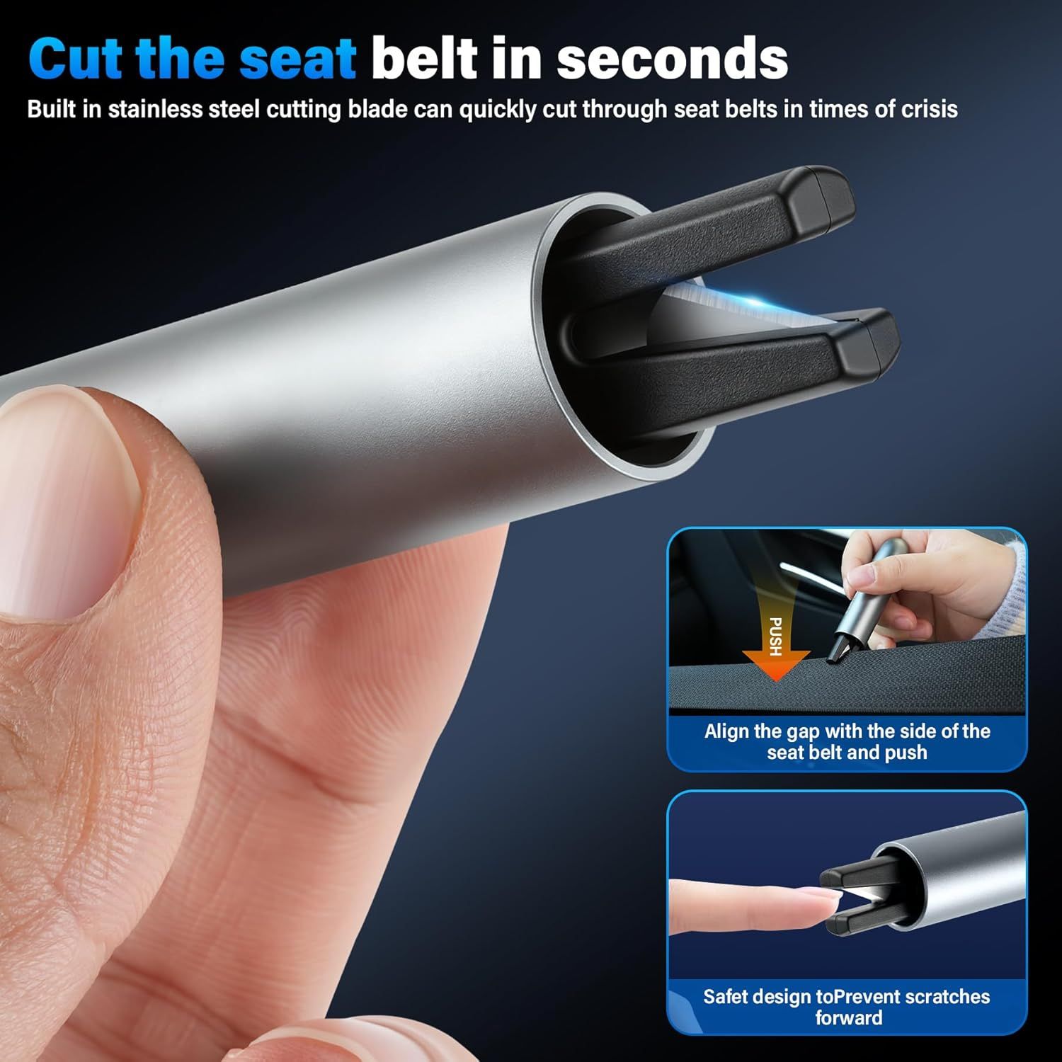 Highlights the product's ability to quickly cut through seat belts in emergency situations, emphasizing safety and ease of use.