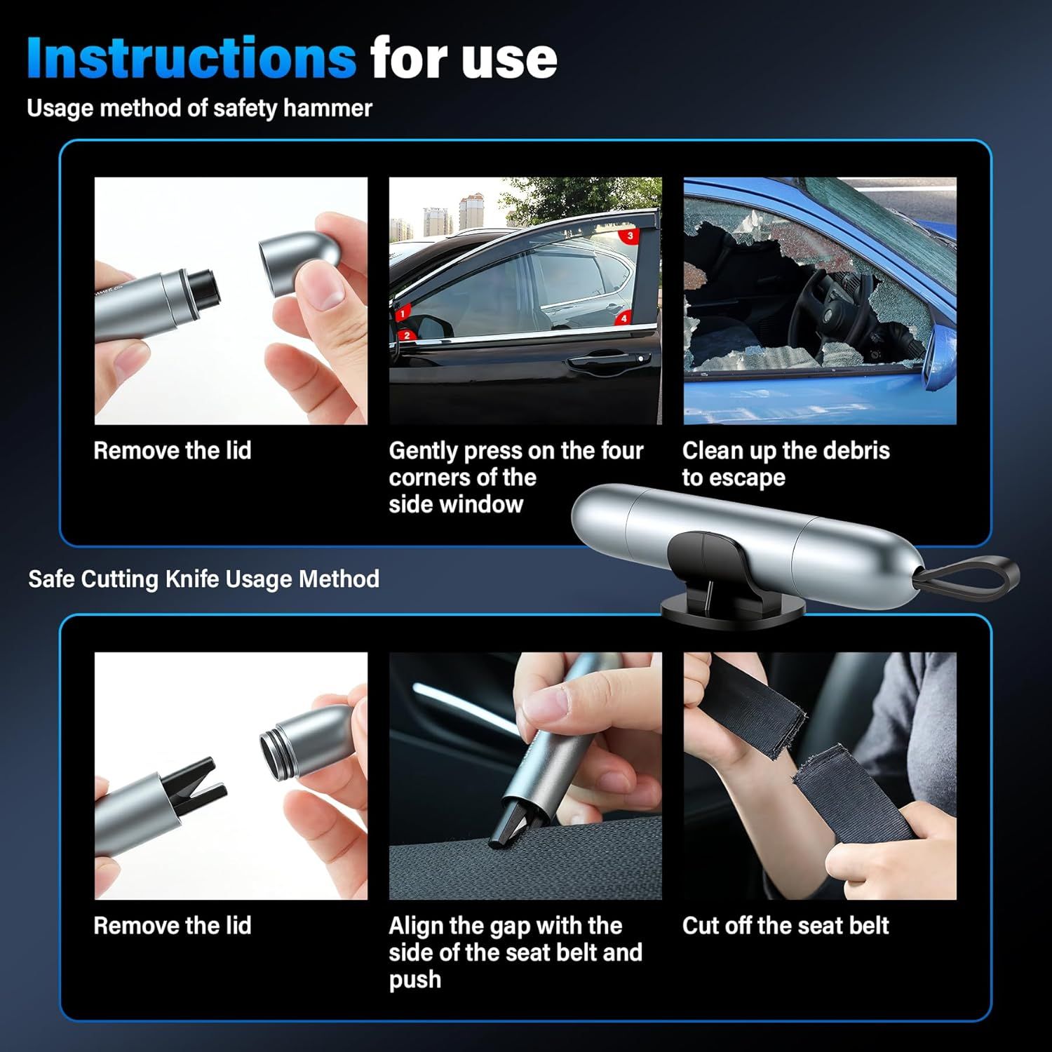 Provides step-by-step instructions on how to use the safety hammer to break a car window and how to use the seat belt cutter in emergency situations.