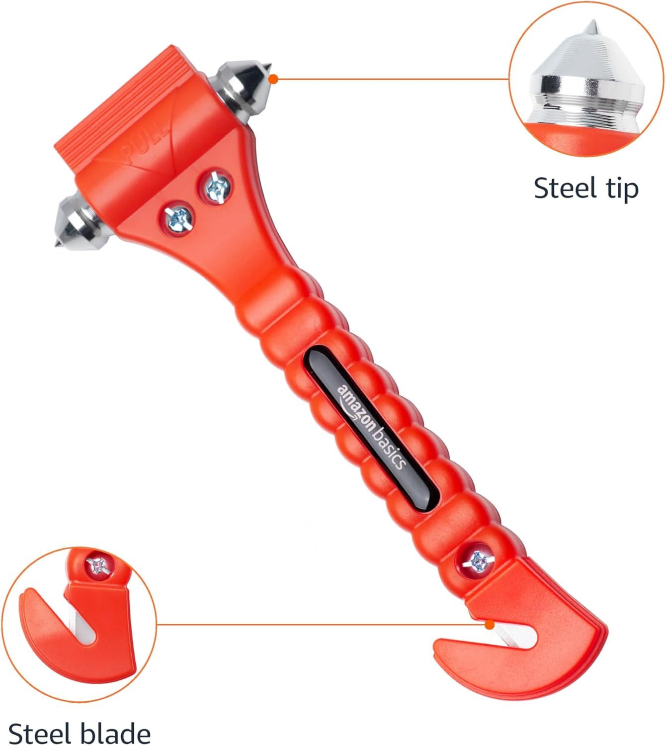 Highlights the key functional components of the safety hammer, showing the steel tip for breaking glass and steel blade for cutting seatbelts.