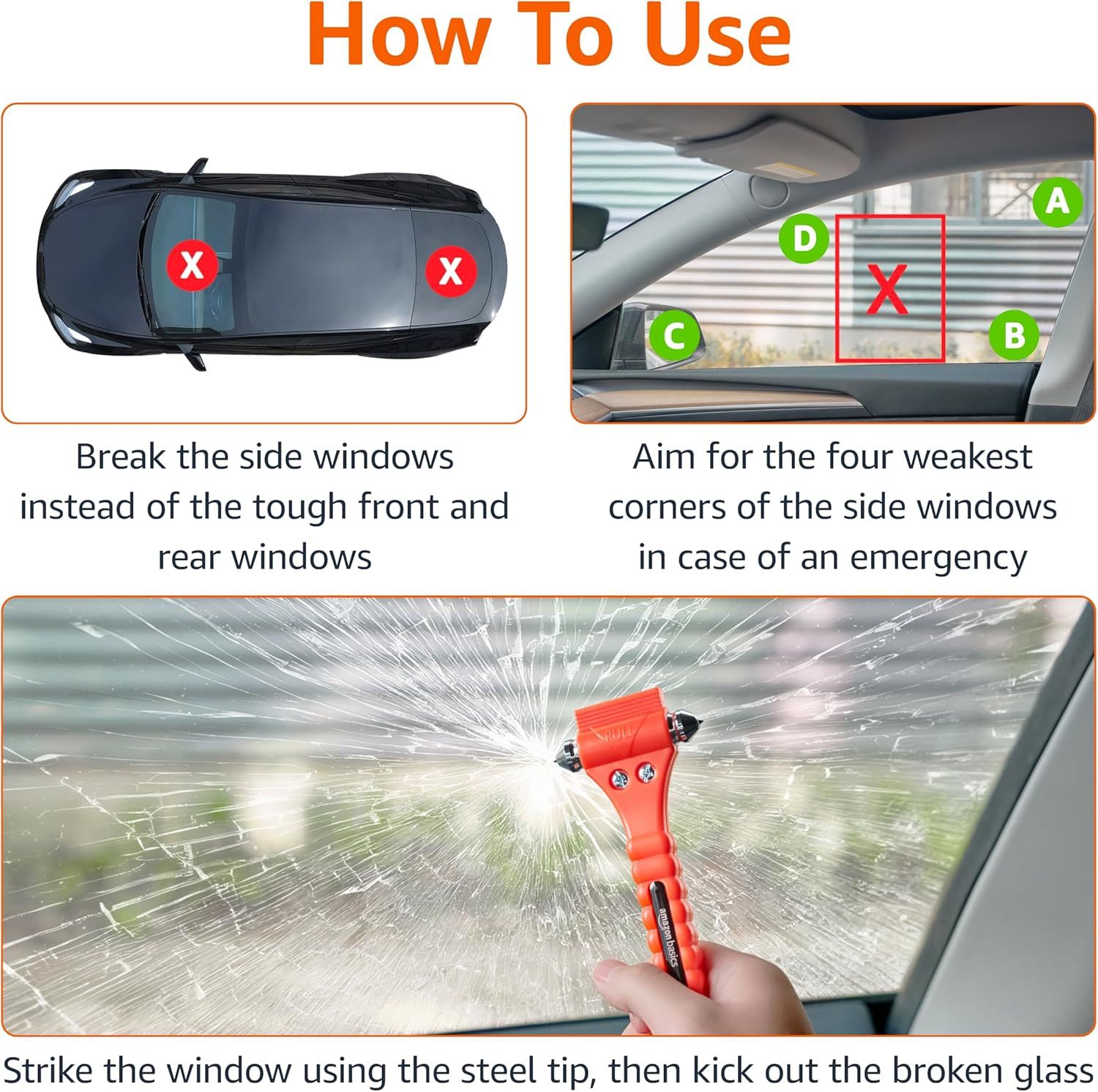 Instructs how to safely break a car window in an emergency situation to escape.