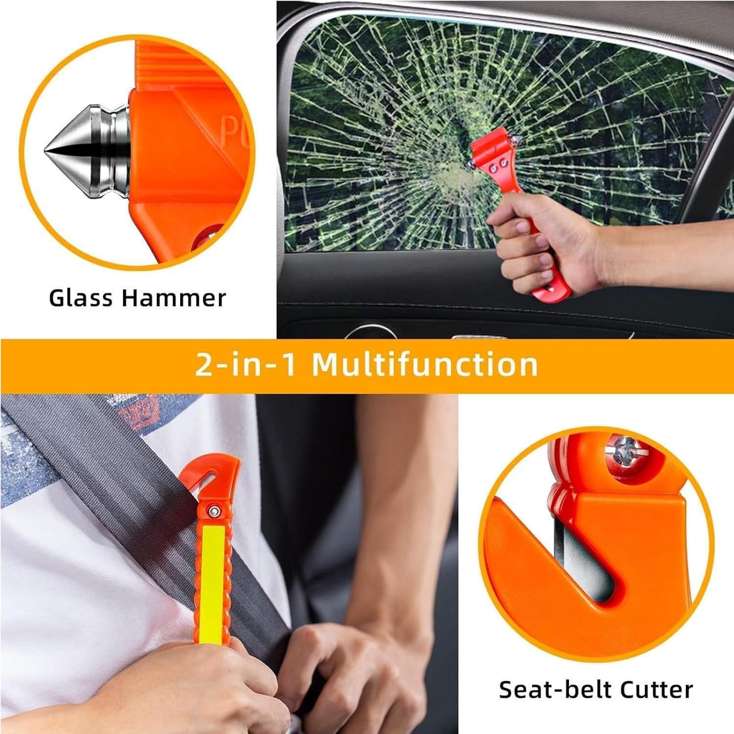 Demonstrates the dual functionality of the product as both a glass-breaking hammer and seat-belt cutter for emergency situations in vehicles. Shows how to use the product in emergency situations to…