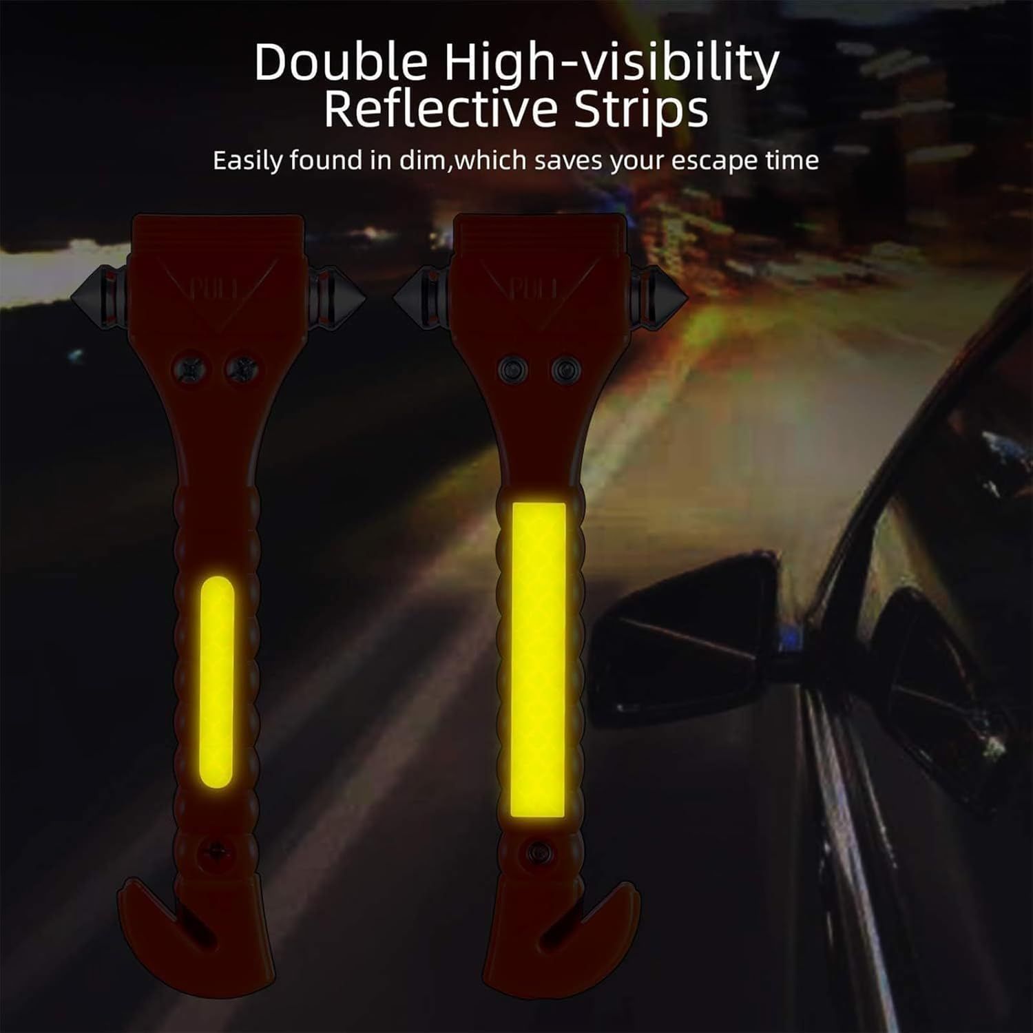 Highlights the safety feature of reflective strips that make the product easily visible in dim conditions, emphasizing improved escape time in emergencies.
