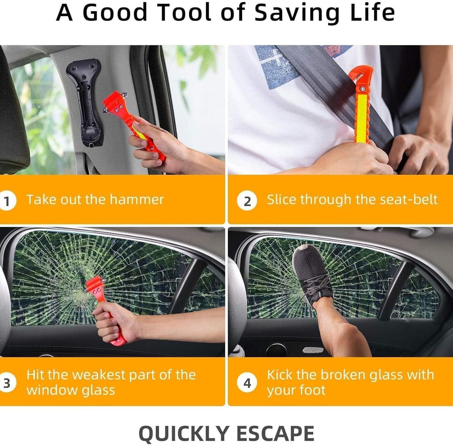 Provides step-by-step instructions on how to quickly escape a vehicle in an emergency situation.