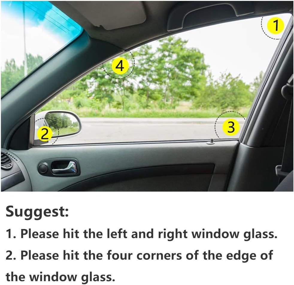 Instructs the user on how to properly clean car window glass by highlighting specific areas to focus on.