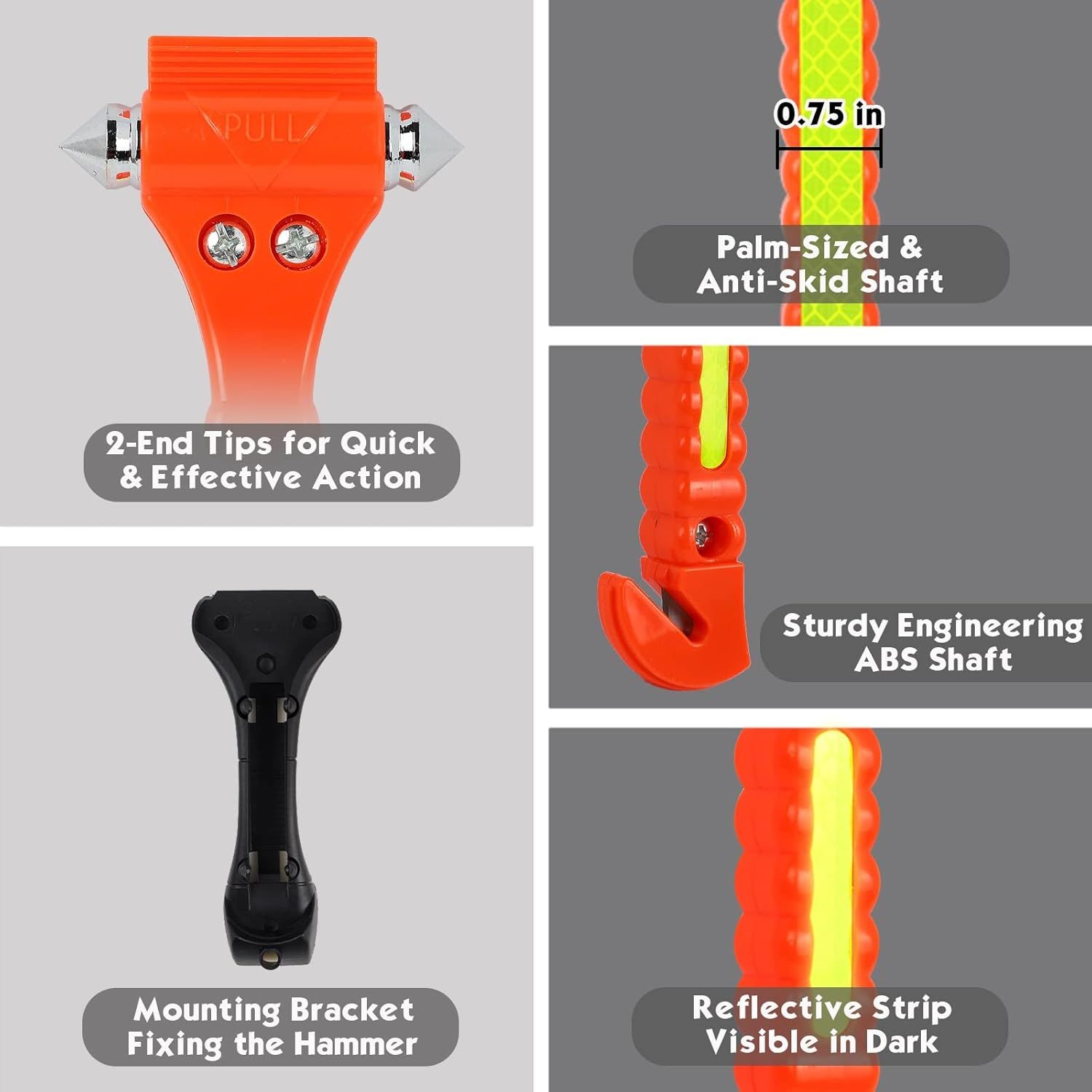 Highlights key features of the safety hammer including dual-end tips, anti-skid shaft, and reflective strip to demonstrate its effectiveness and ease of use in emergencies. Showcases multiple…