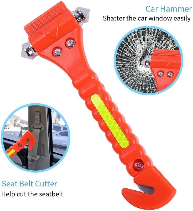 Demonstrates how to use the product to break a car window and cut a seatbelt in an emergency situation. Shows the two main applications of the product: shattering car windows and cutting seatbelts…