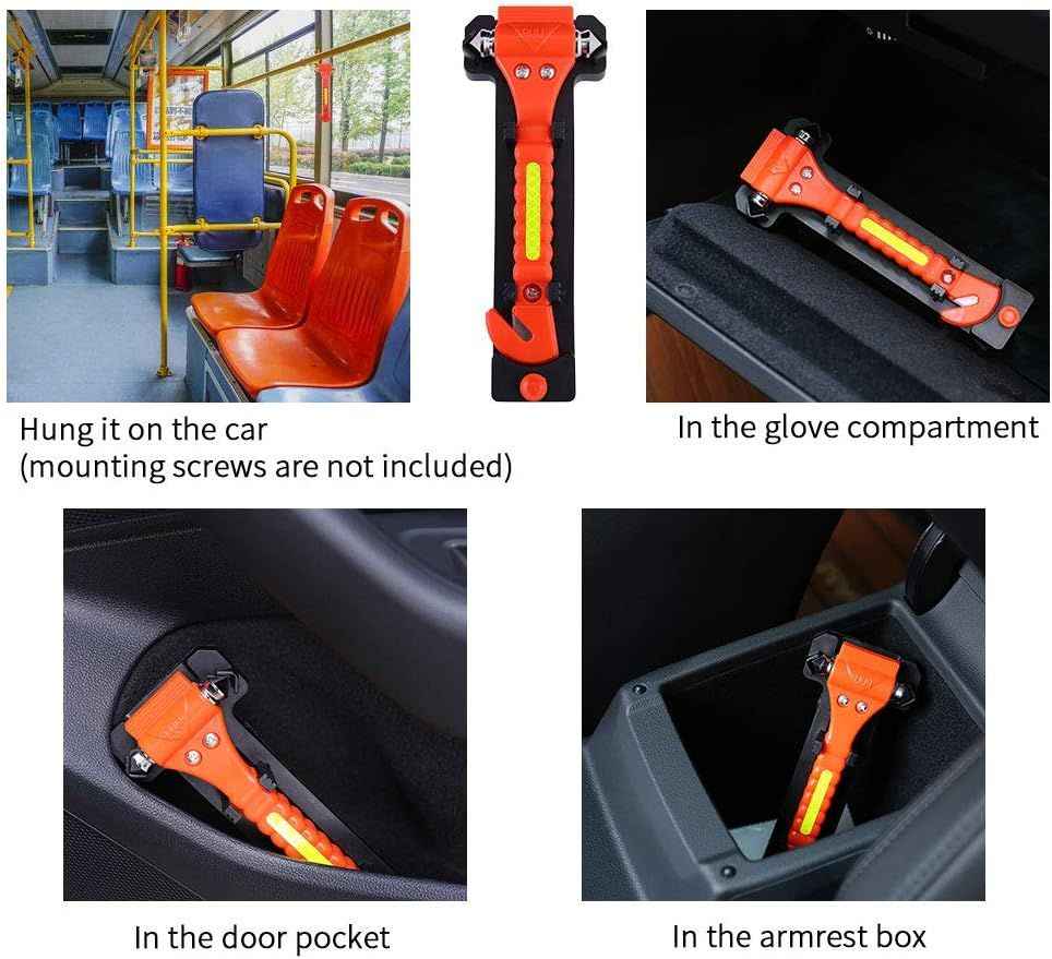 Demonstrates various places to store the safety tool within a vehicle for easy access in emergencies.