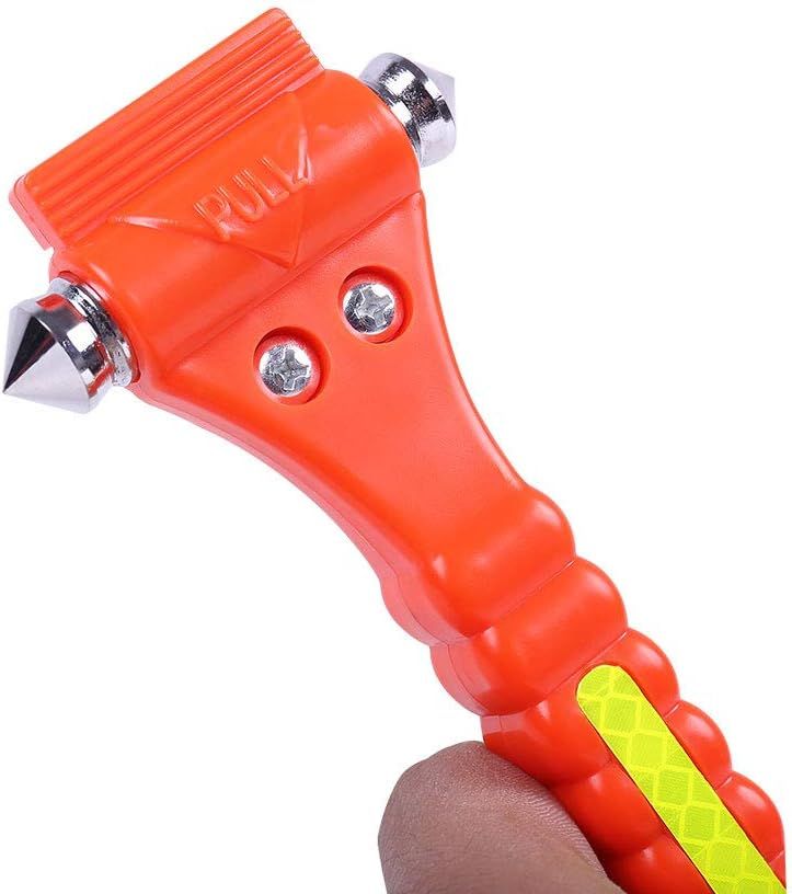 Highlights the product's emergency safety feature as a car window breaker and seatbelt cutter tool.