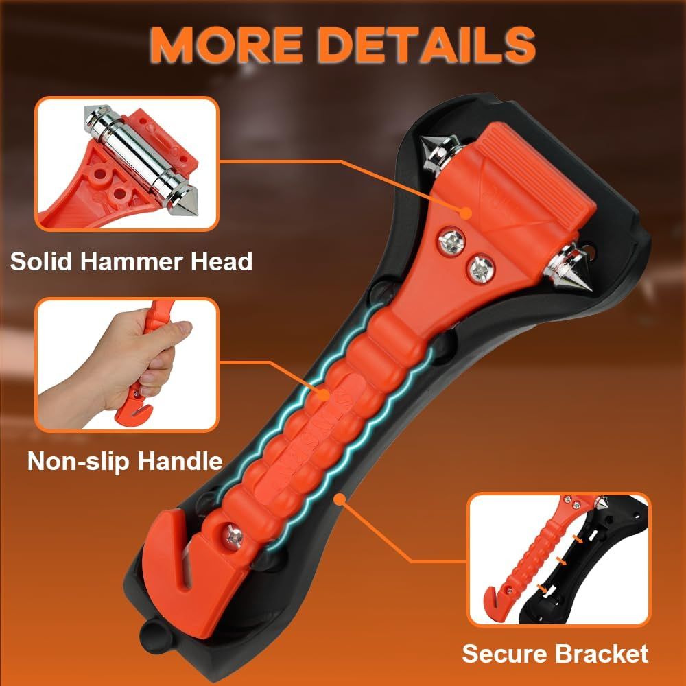 Highlights key features of the safety hammer tool, showing its solid construction and ergonomic design for easy use in emergencies.