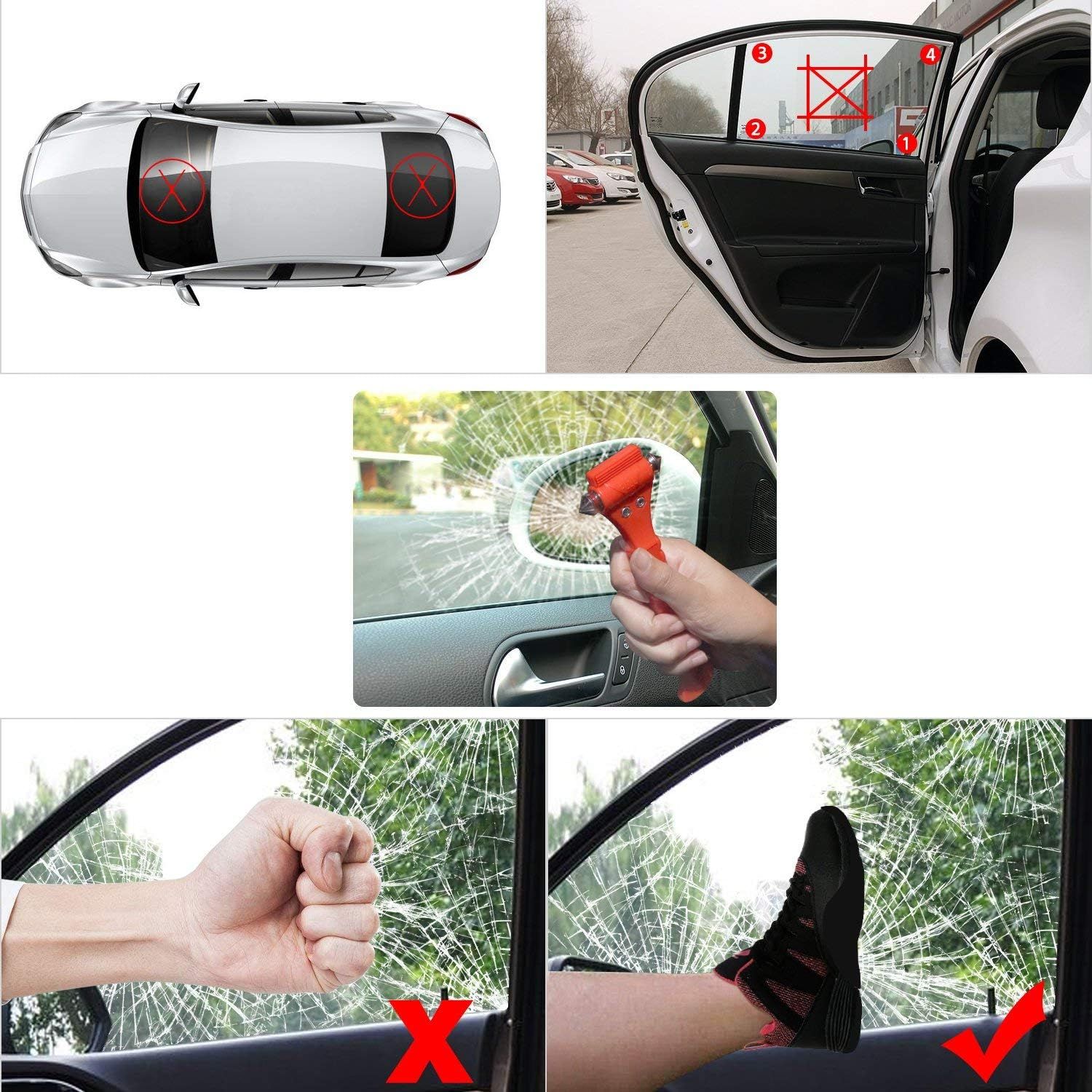Demonstrates how to safely break a car window in an emergency situation, providing reassurance about passenger safety. Instructs passengers on the correct method to break a car window in an…