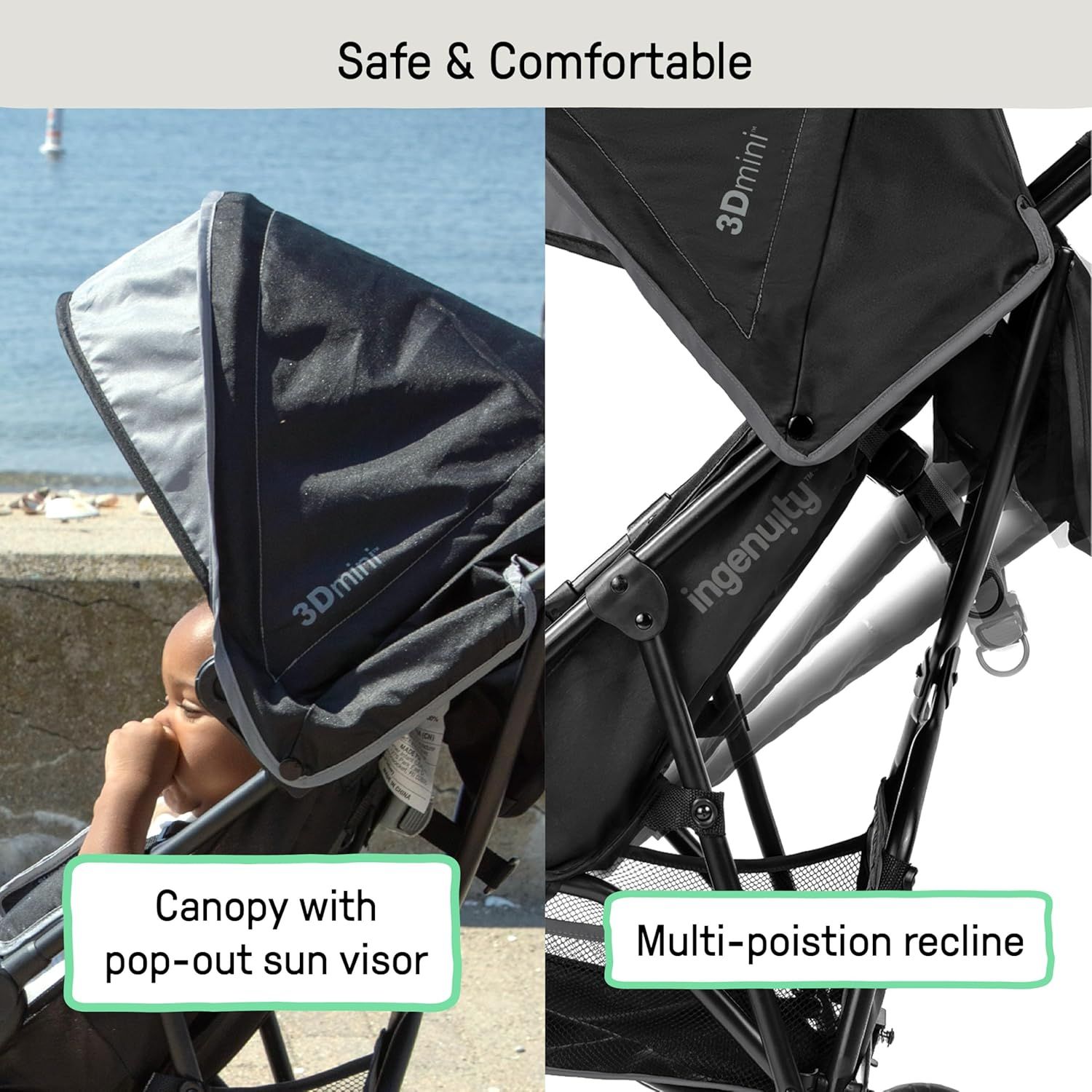 Highlights multiple safety and comfort features of the stroller to reassure parents about their child's well-being during use.