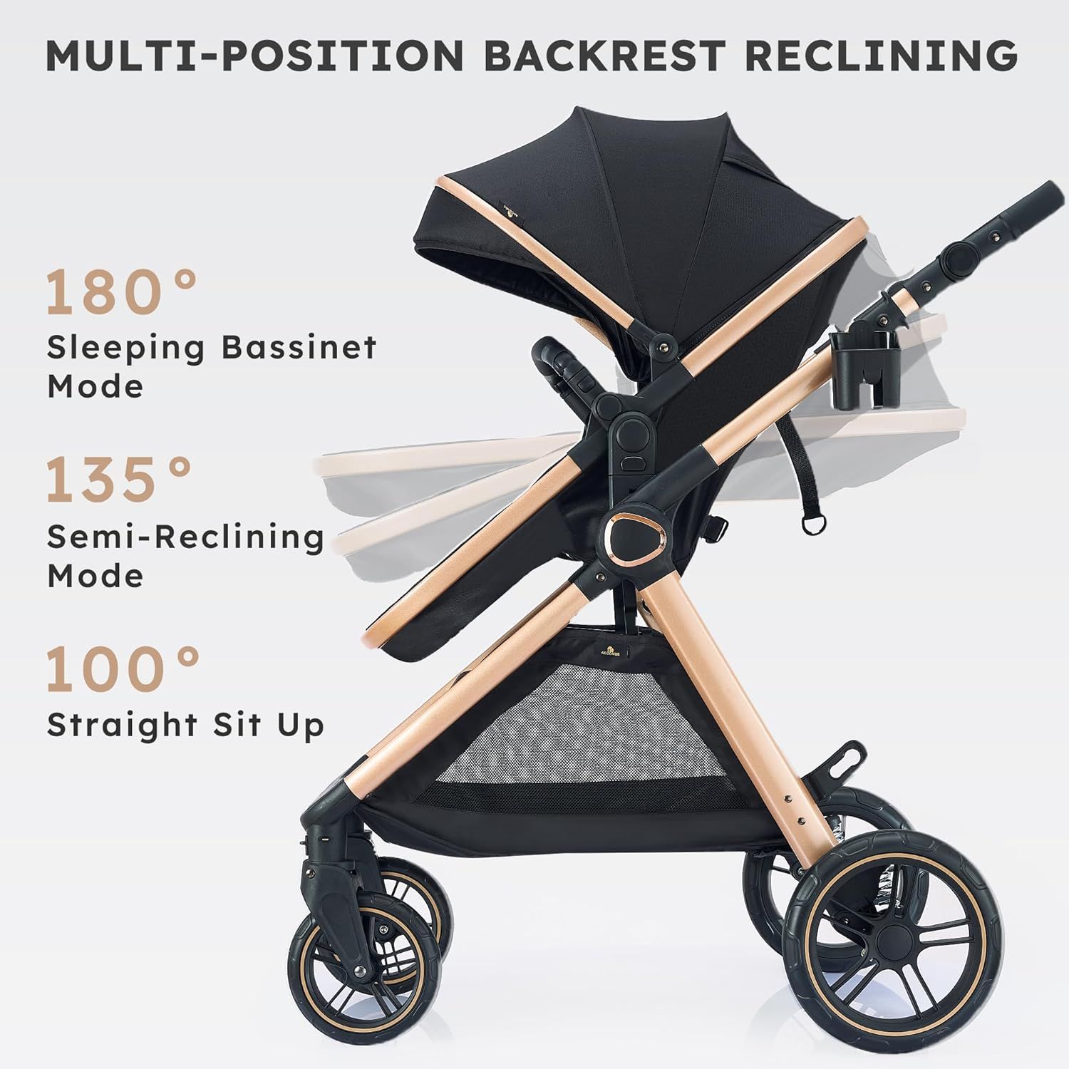 Showcases the stroller's versatile reclining positions to demonstrate comfort options for the baby.