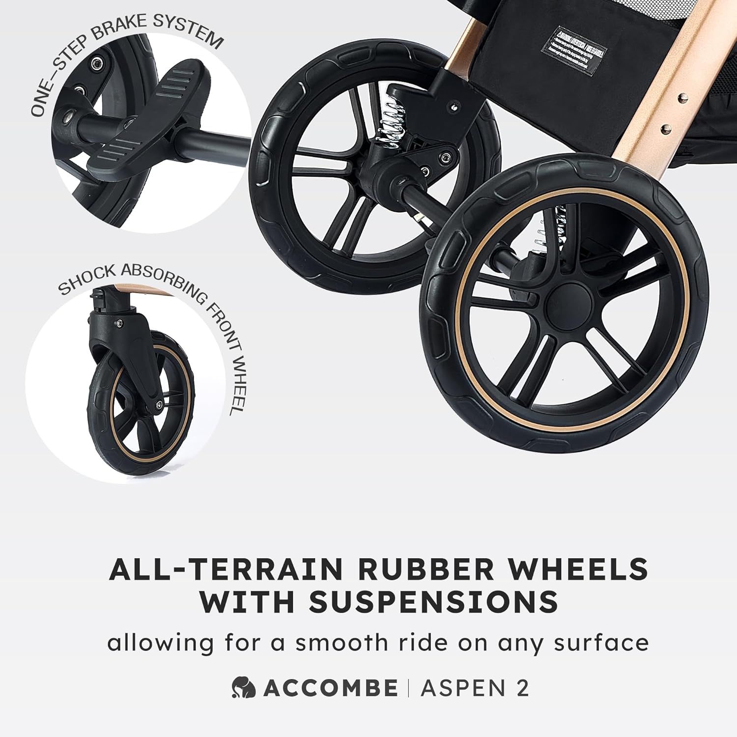 Highlights multiple features of the stroller's wheel system to show its versatility and ease of use on different surfaces.