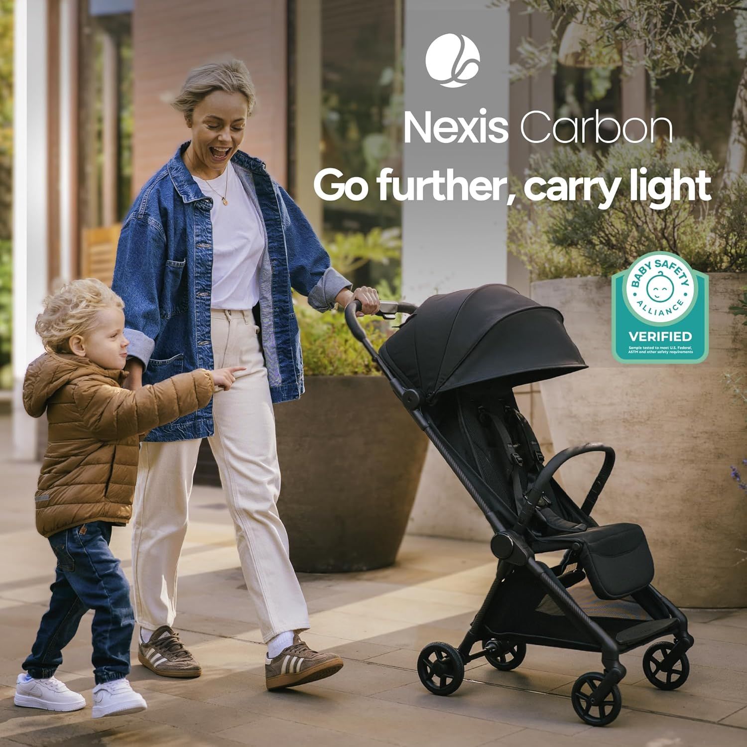Highlights the stroller's lightweight design for easy carrying and its safety certification to reassure parents. Shows the product in use during a family walk, demonstrating its practicality in…
