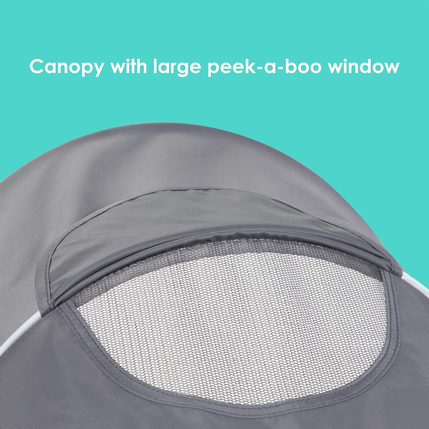 Highlights the canopy's large peek-a-boo window feature, allowing parents to easily check on their child while using the product.