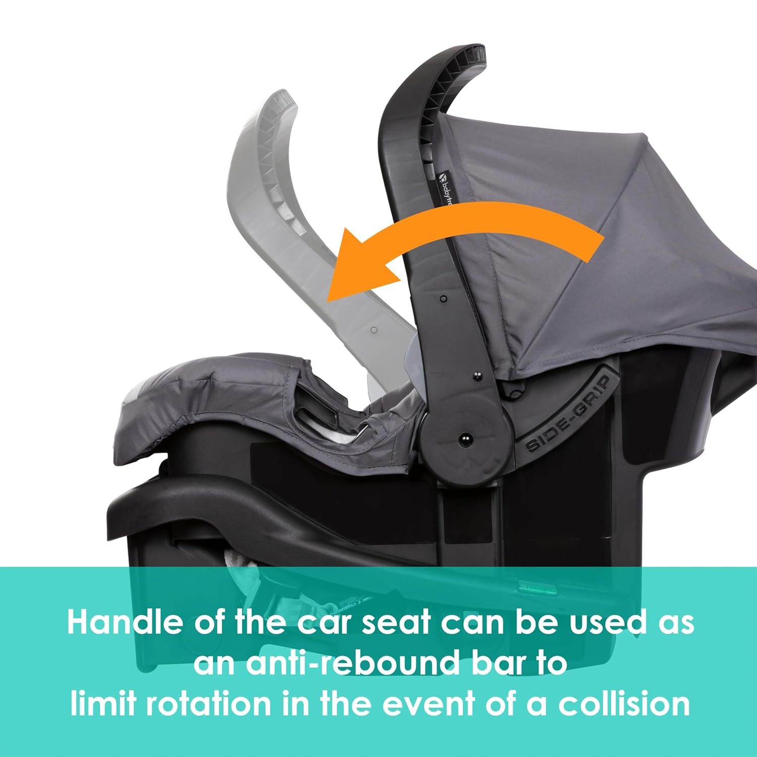 Highlights the car seat handle's dual function as an anti-rebound bar to enhance safety in collisions.