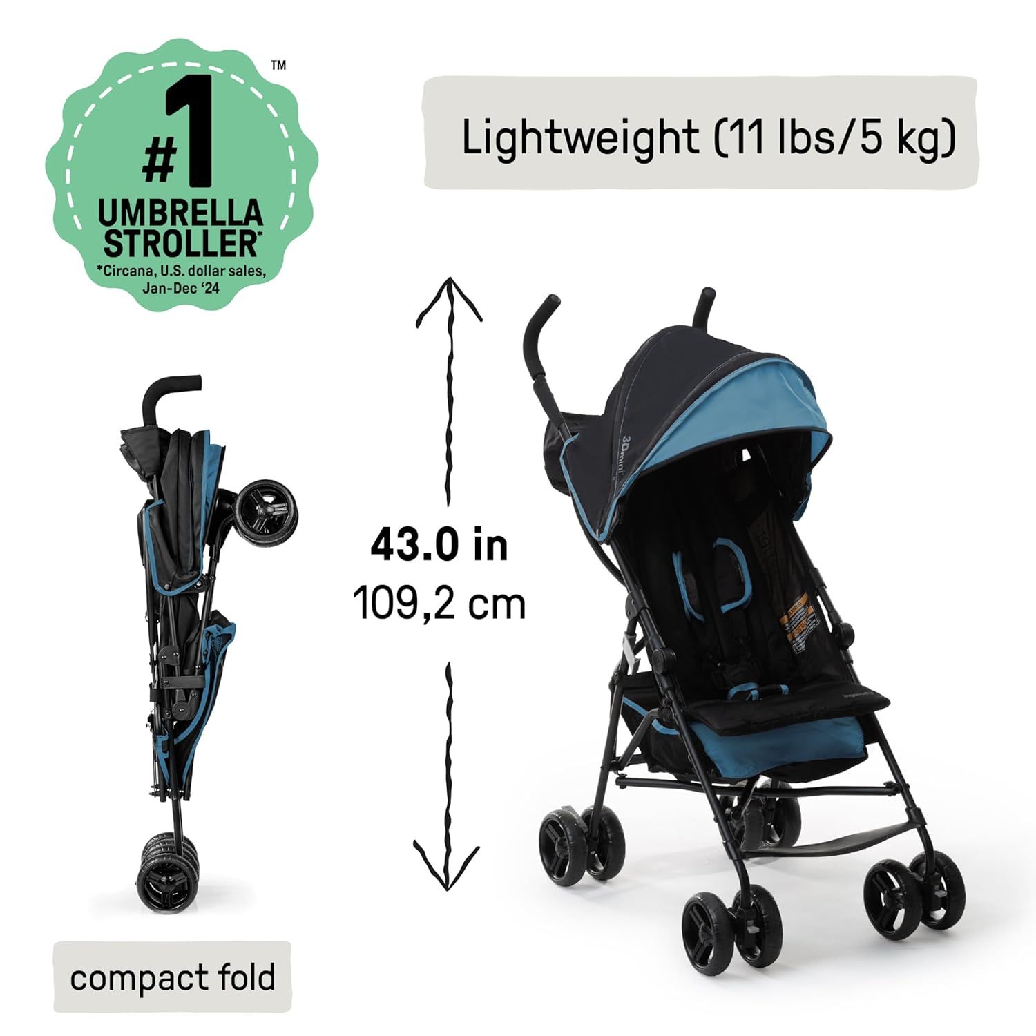 Highlights the stroller's lightweight design, compact folding ability, and height dimensions to showcase its portability and ease of use. Provides specific measurements for the stroller's weight and…