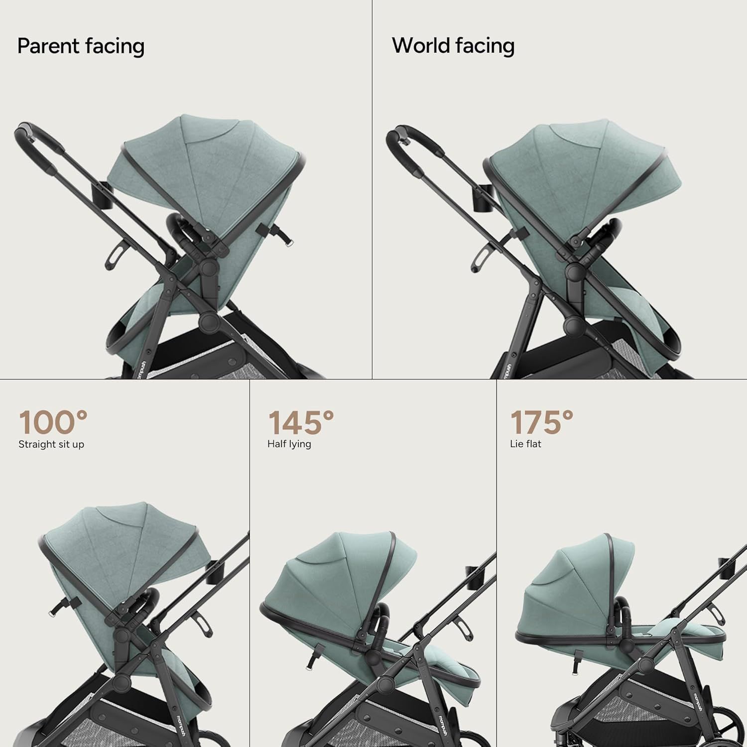 Demonstrates the stroller's versatility with reversible seating options and multiple recline positions for baby's comfort.