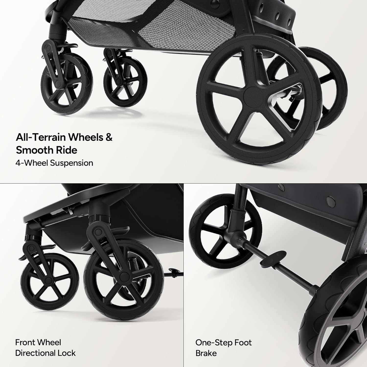 Highlights multiple features of the stroller's wheel system to demonstrate its smooth ride and maneuverability across different terrains.