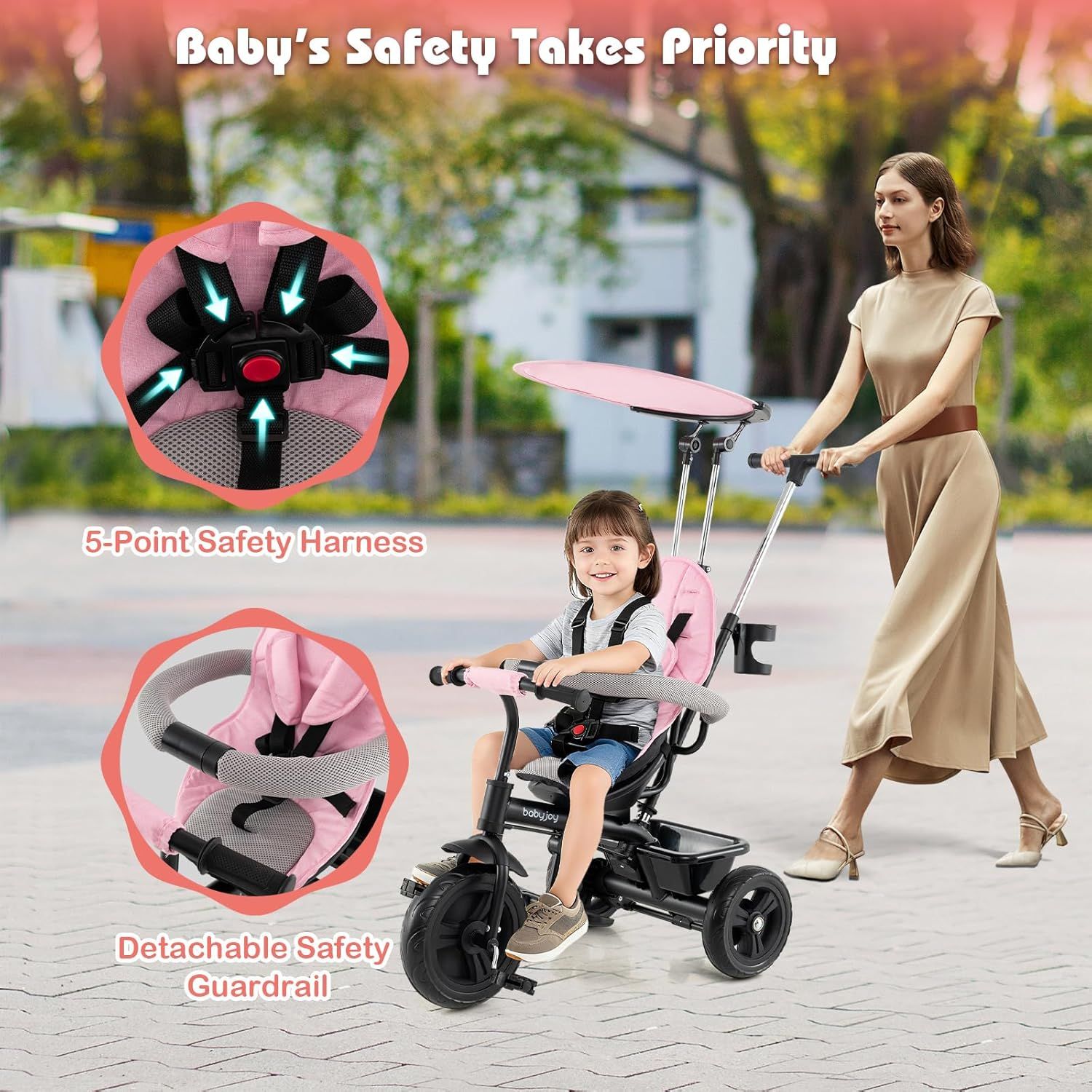 Highlights the safety features of the baby tricycle to reassure parents about their child's security while using the product. Showcases multiple safety and convenience features of the baby tricycle,…