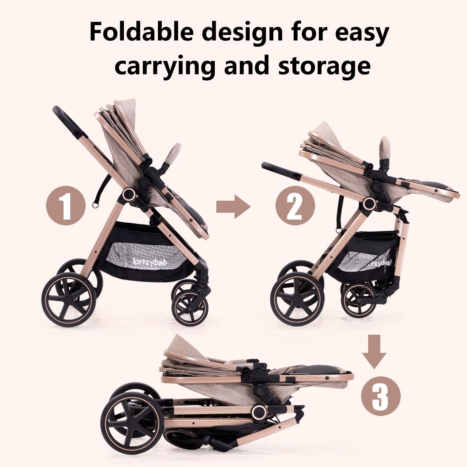 Demonstrates the stroller's ability to fold compactly for easy carrying and storage, highlighting its convenience for parents.