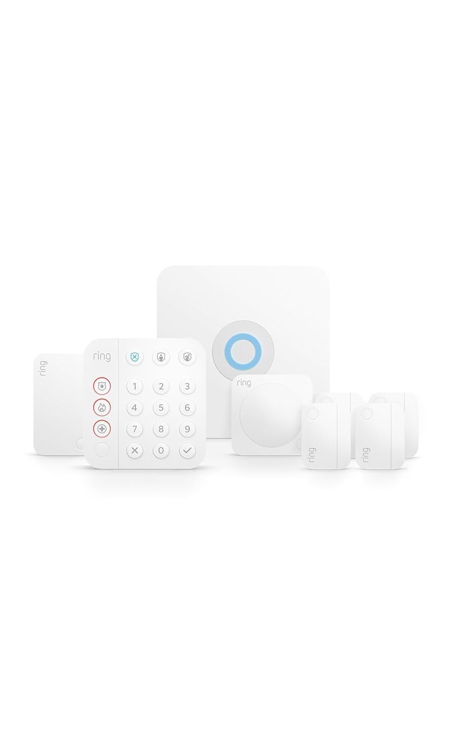 Shows all the components included in the Ring Alarm home security system kit, helping customers understand what they'll receive.