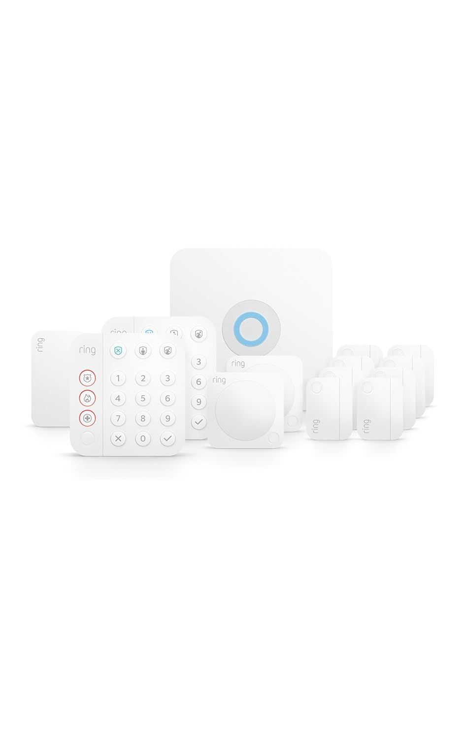 Shows all the components included in the Ring Alarm home security system kit, demonstrating the comprehensive nature of the product.