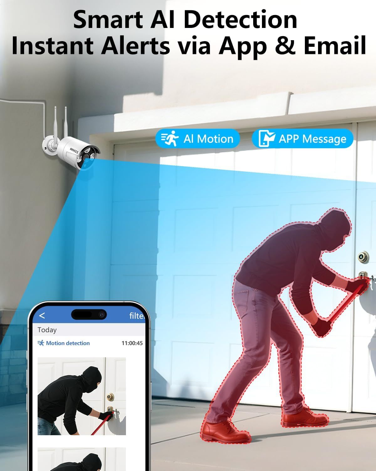 Demonstrates how the security camera uses AI to detect motion and send instant alerts to the user's app and email. Highlights multiple features of the security system including AI detection, app…