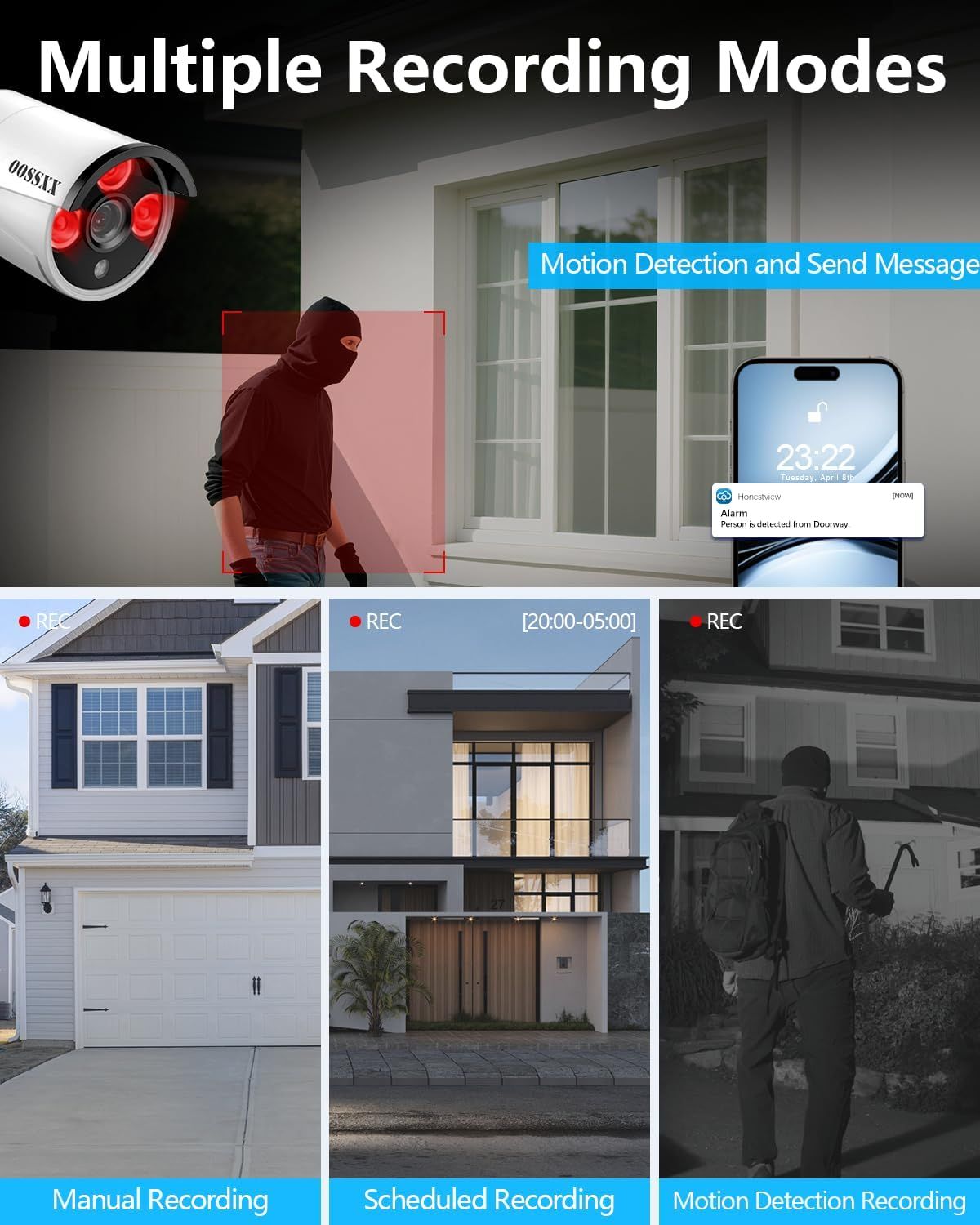Showcases the security camera's key features including motion detection, various recording options, and mobile notifications to highlight its comprehensive surveillance capabilities.