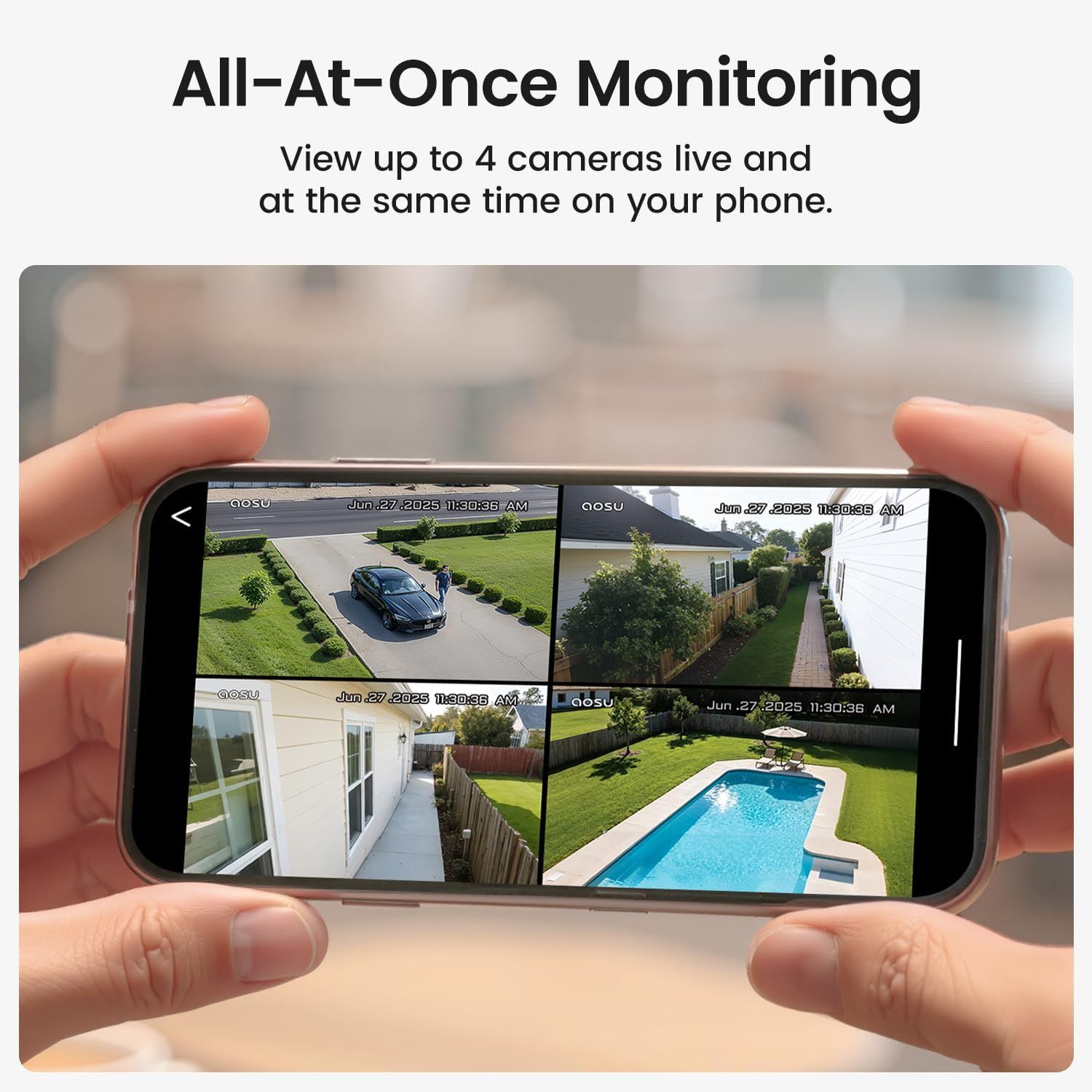 Demonstrates the ability to view multiple security camera feeds simultaneously on a smartphone, highlighting the product's versatility for home monitoring.