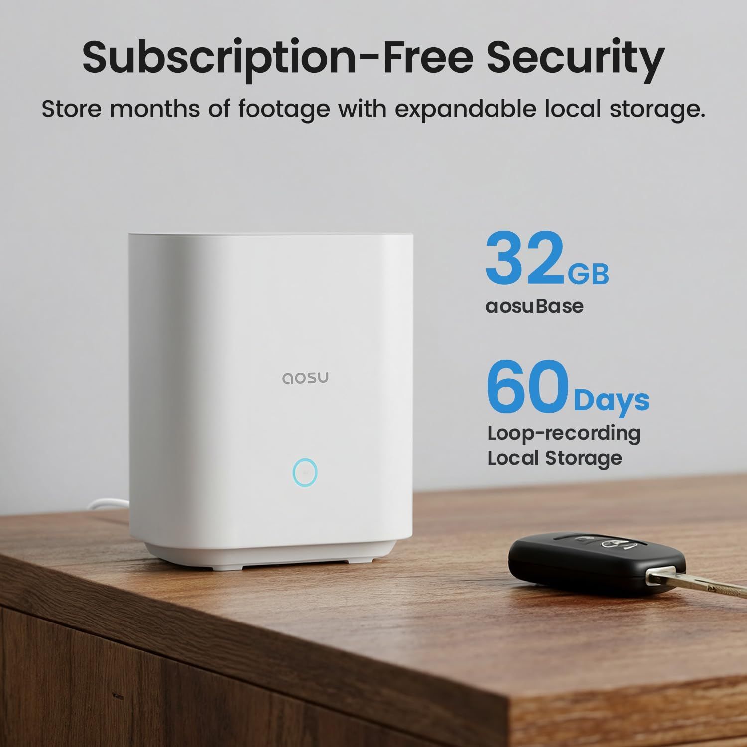 Highlights the product's key features of subscription-free security and extensive local storage capacity to appeal to cost-conscious consumers seeking long-term video storage solutions.