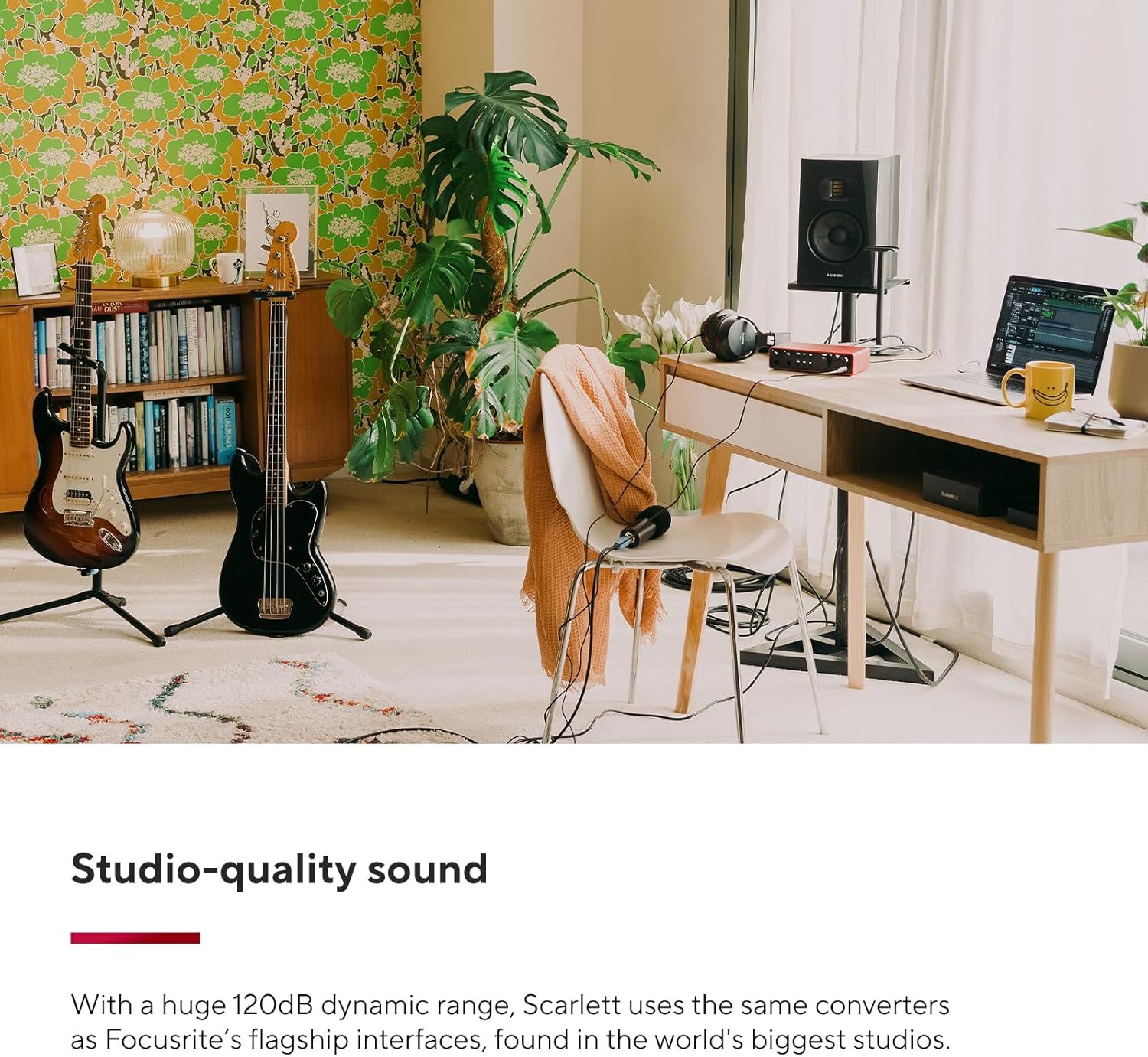 Communicates that the product delivers professional-grade audio quality with a 120dB dynamic range using the same converters found in flagship studio interfaces.