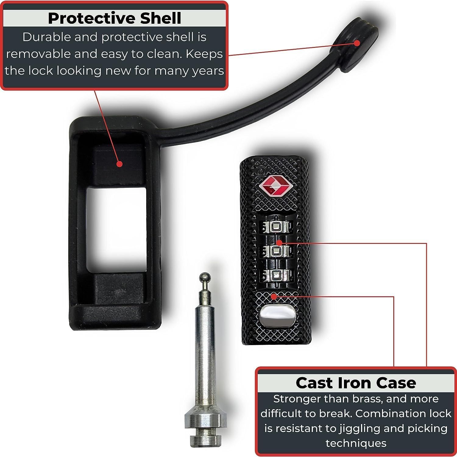 Highlights two key durability features of the lock: the removable protective shell that keeps it looking new and the cast iron case that resists break-in attempts.