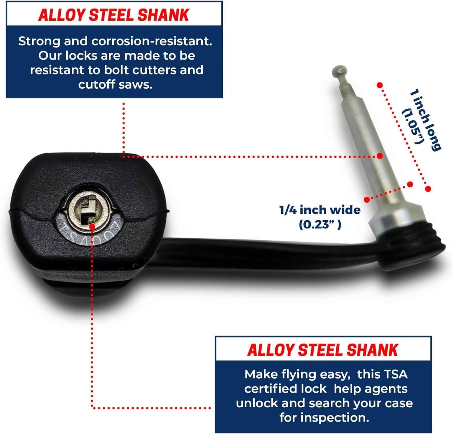 This image breaks down the lock's key structural components and materials, highlighting the alloy steel shank's strength, corrosion resistance, dimensions, and TSA certification to reassure shoppers…