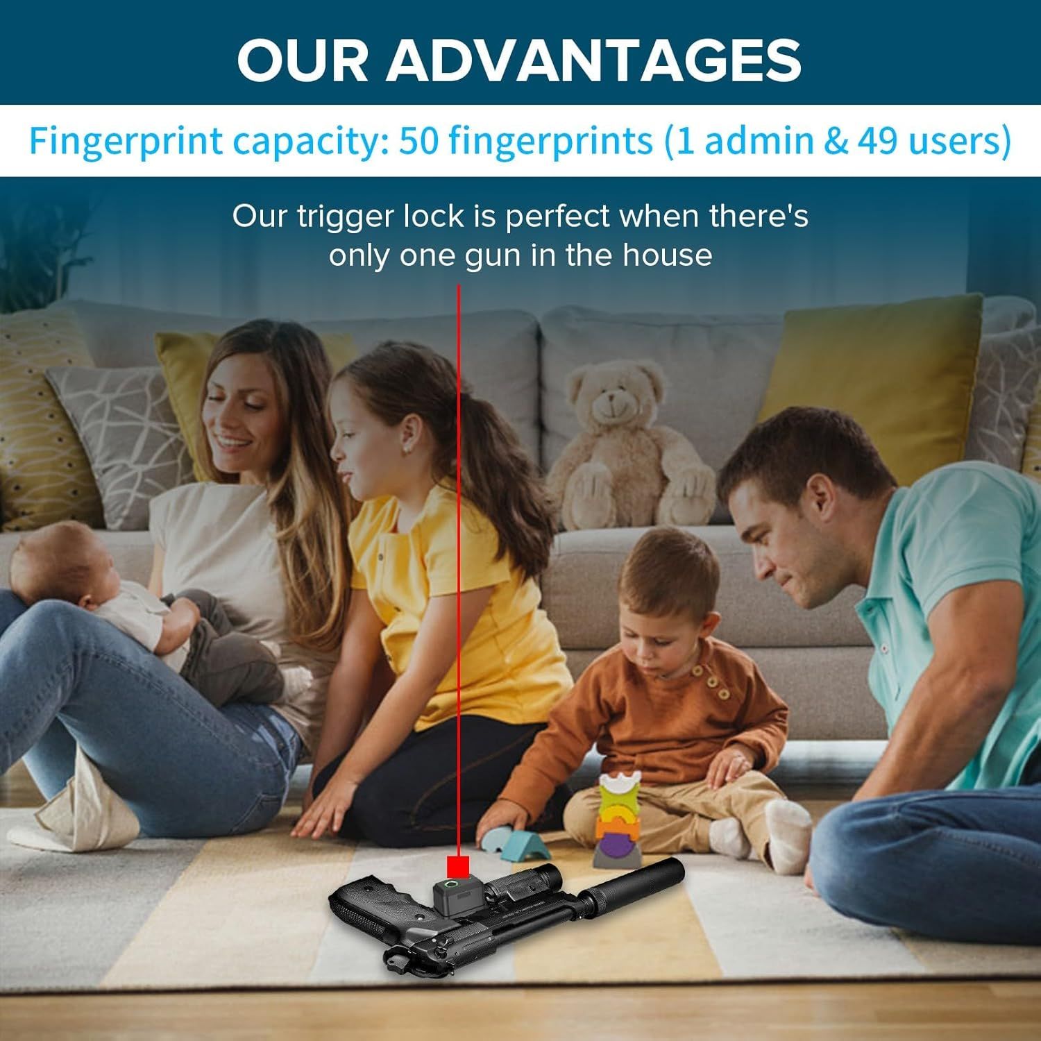 Communicates multiple advantages of the gun lock including high fingerprint capacity for multiple users and safety features that protect families with…