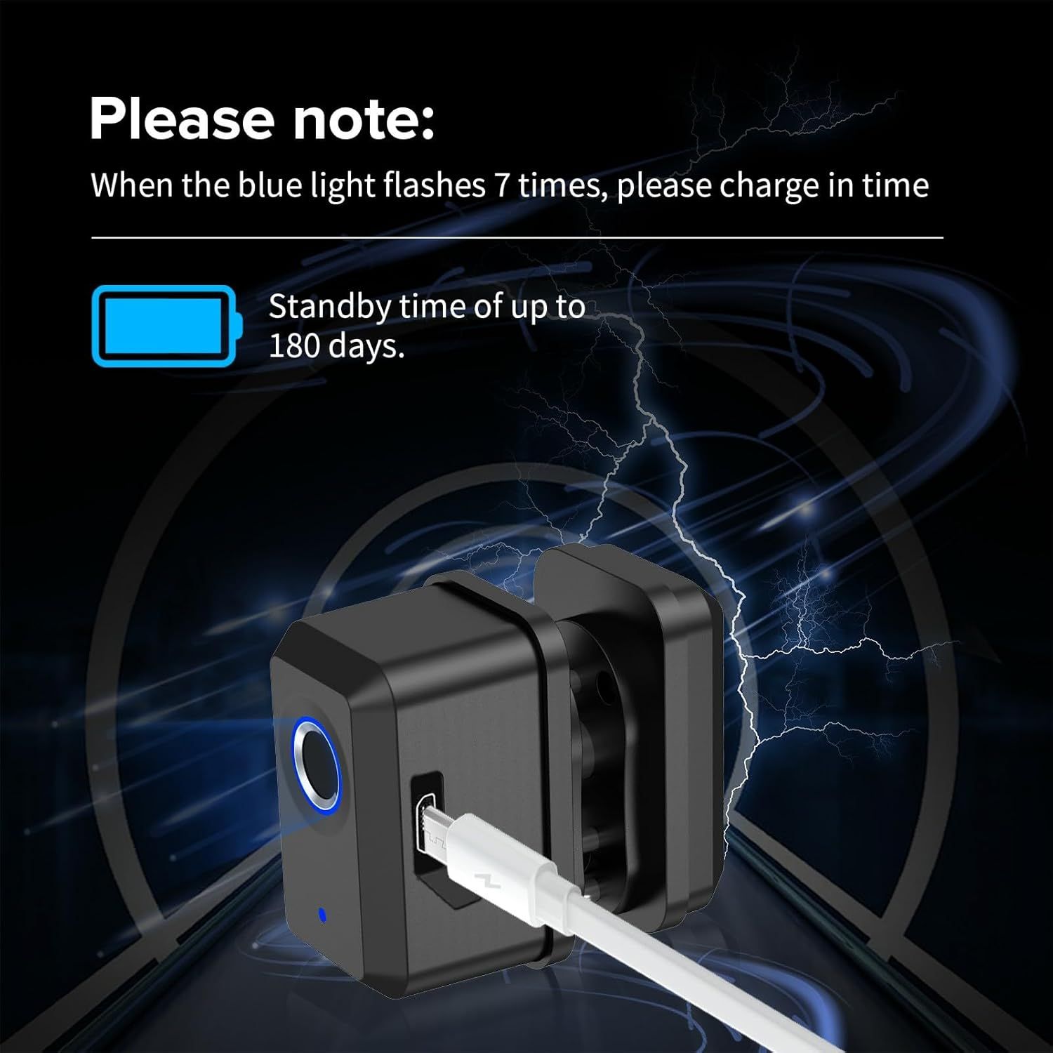 Communicates that the product has an extended standby time of up to 180 days and includes a charging reminder feature to reassure shoppers about battery…